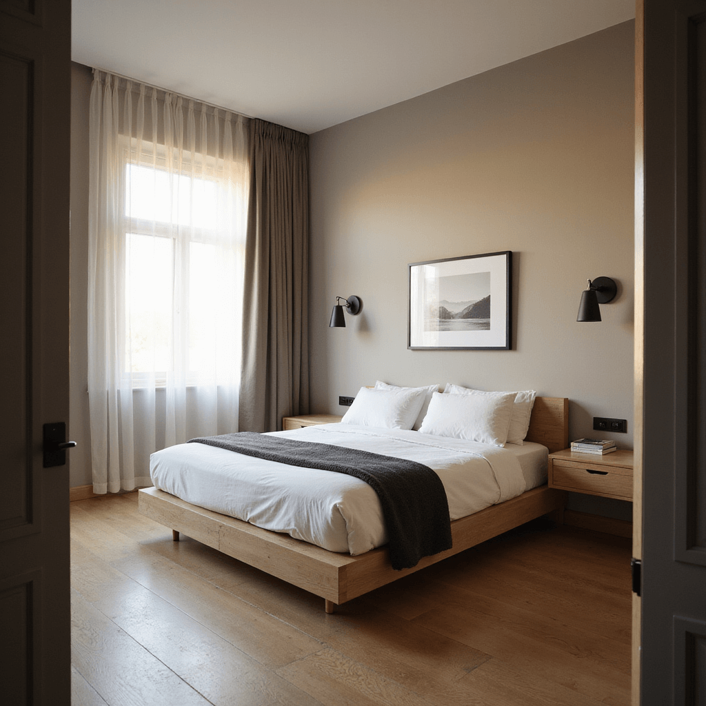 A minimalist bedroom featuring a low-profile platform bed in light oak, dressed in white linen, with sheer white curtains letting in early morning golden light. Built-in floating nightstands and a large black and white photography piece above the bed enhance the clean lines and negative space, while matte black sconces add ambient lighting. The walls are painted in warm greige, and the room measures 12x14 feet with 9-foot ceilings.