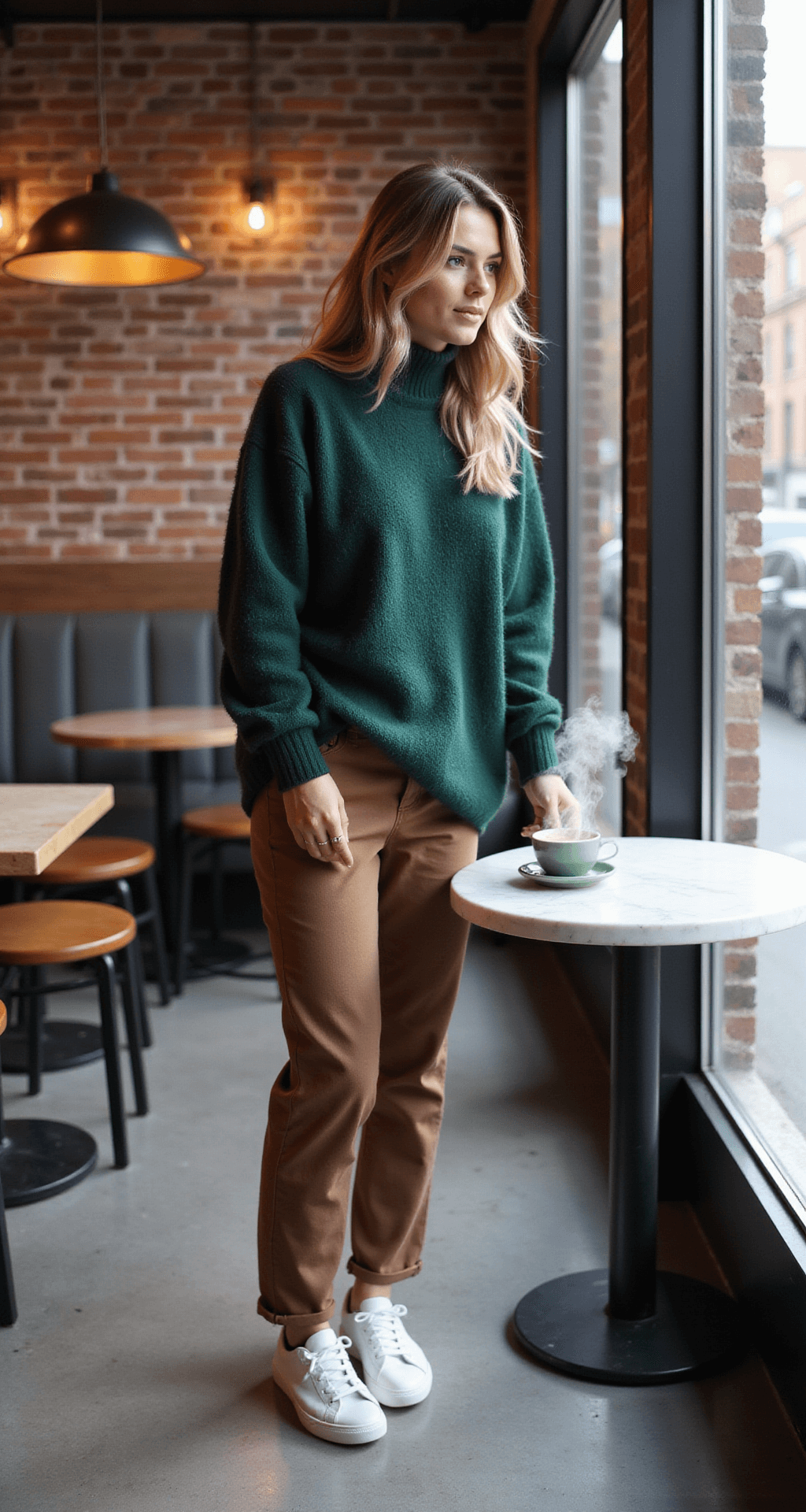 A fashion blogger in brown cargos and a forest green oversized sweater, captured in motion at a contemporary coffee shop with exposed brick walls and industrial lighting, while steam rises from a coffee cup on a marble table. The image is shot through window glass, adding depth with reflections and dramatic mid-morning light casting shadows.