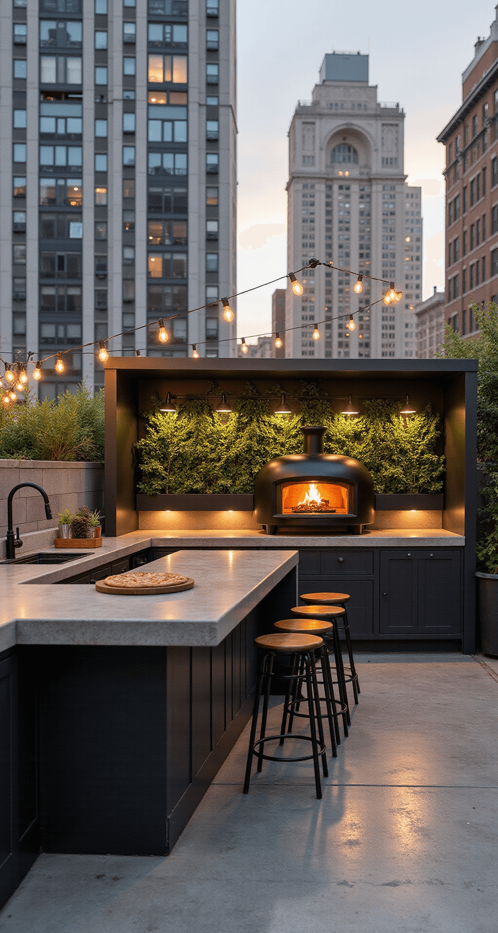 Urban rooftop kitchen with a compact pizza oven, polished concrete surfaces, steel framework, and a built-in herb garden wall, featuring city skyline views and string lights for ambiance; contemporary bar seating at the counter edge and golden hour lighting.