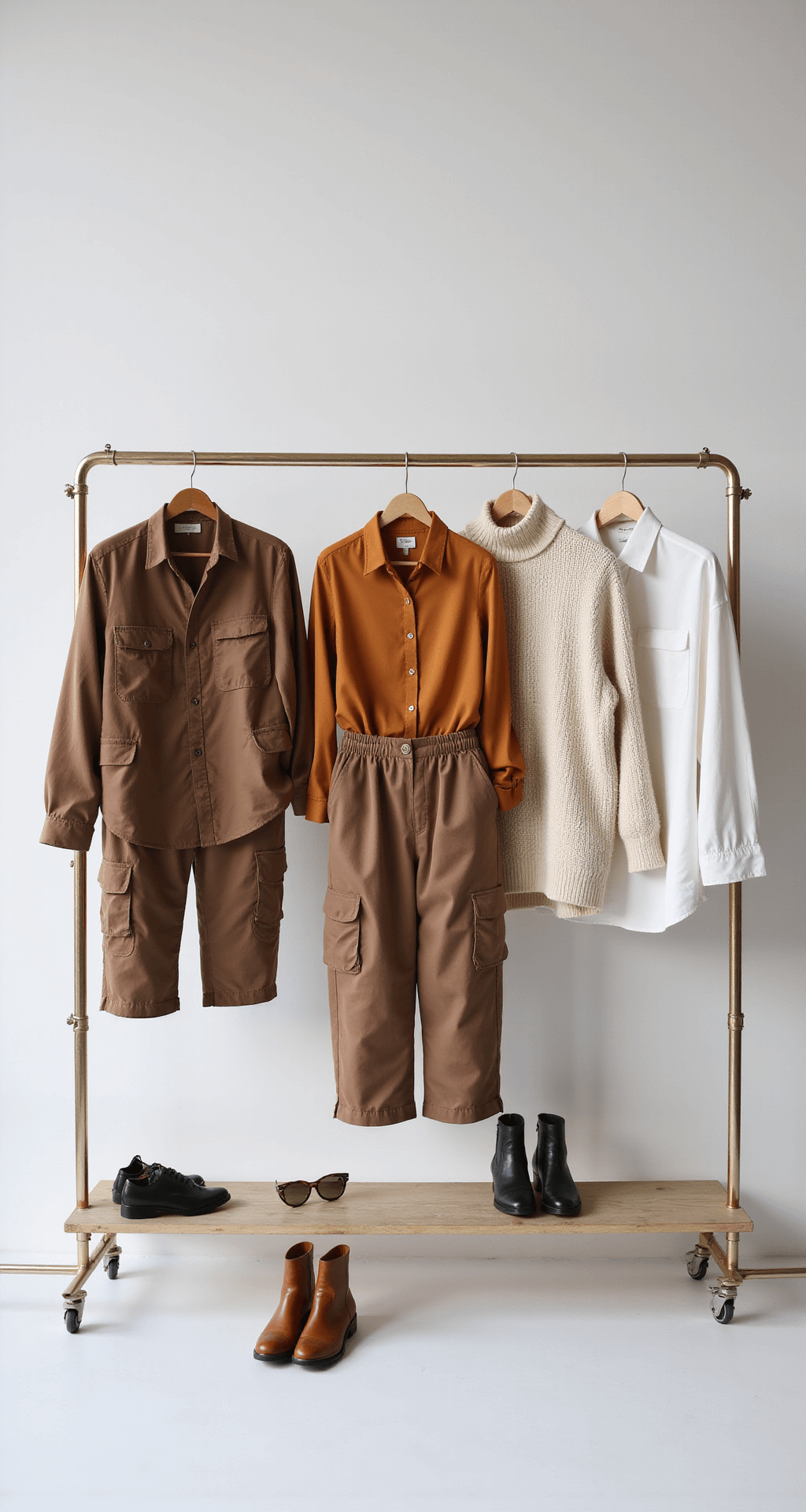 Minimalist photography studio showcasing various brown cargo pants on elegant racks, styled with a burnt orange silk blouse, cream cashmere sweater, and white linen shirt; professional lighting enhances fabric textures and creates clean shadows, with thoughtfully arranged accessories.