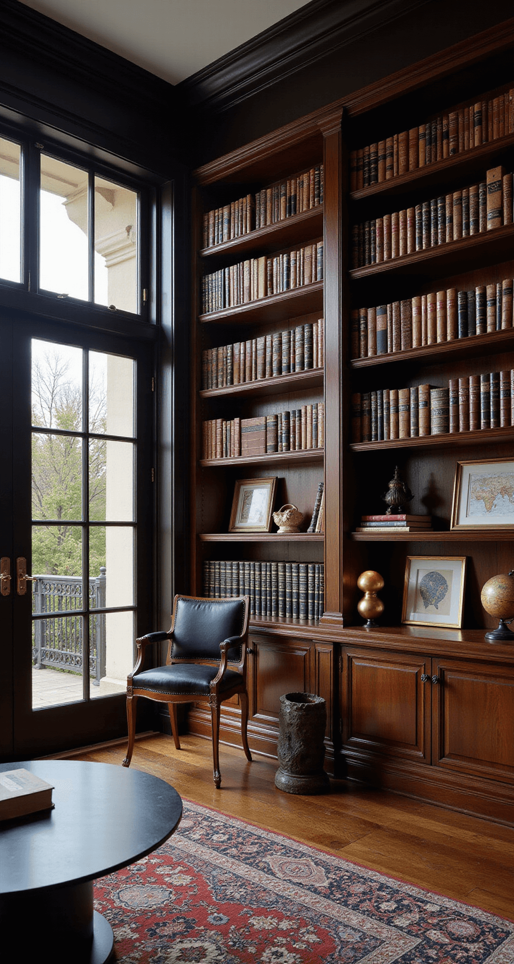 A luxurious home library with dark walnut bookcases, a brass library ladder, and leather-bound books, illuminated by dusk light through French doors, featuring vintage map prints, antique globes, and sculptural objects, all captured in dramatic lighting for a timeless atmosphere.