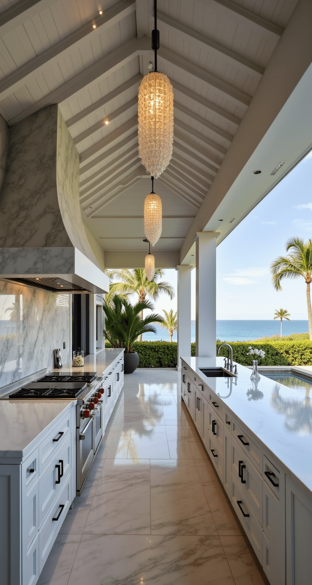 A luxurious poolside kitchen featuring a marble pizza oven station, covered pavilion with a fan-vaulted ceiling, book-matched marble backsplash, quartz countertops, and crystal pendant lighting, overlooking an infinity pool framed by palm trees, captured in a low-angle shot under soft diffused daylight.