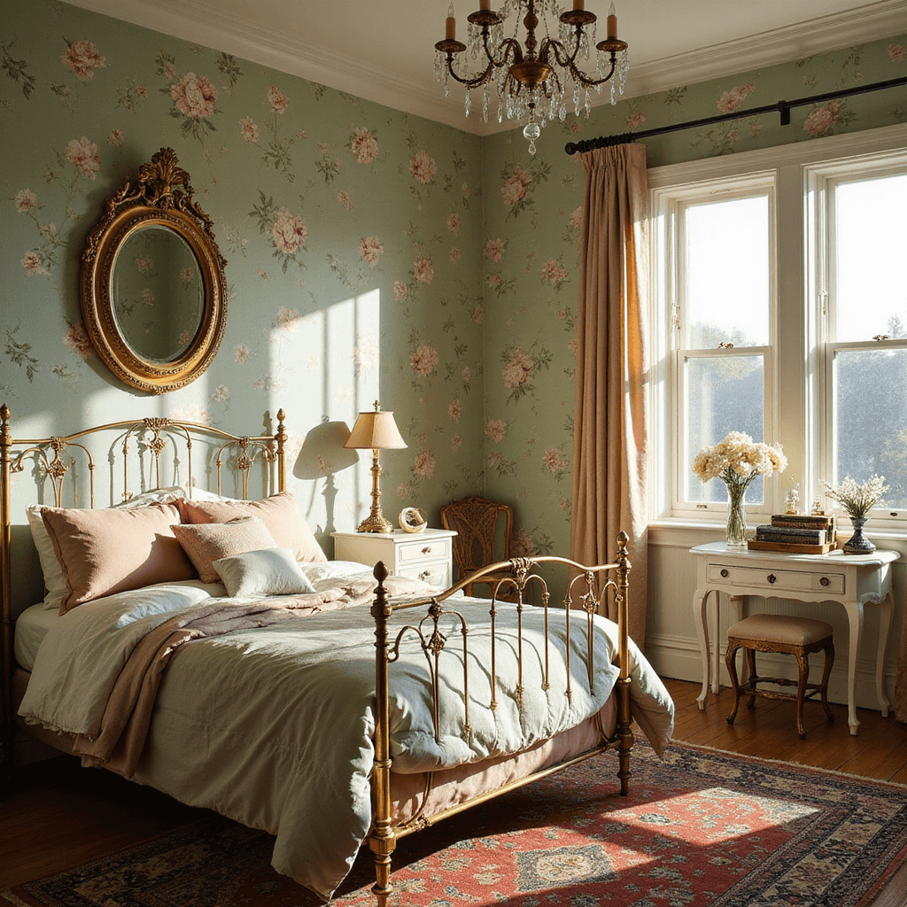 Vintage romance bedroom featuring a brass bed with muted linens, an antique vanity with a gilt mirror, floral wallpaper, and a Persian rug, all illuminated by late afternoon light and a crystal chandelier.