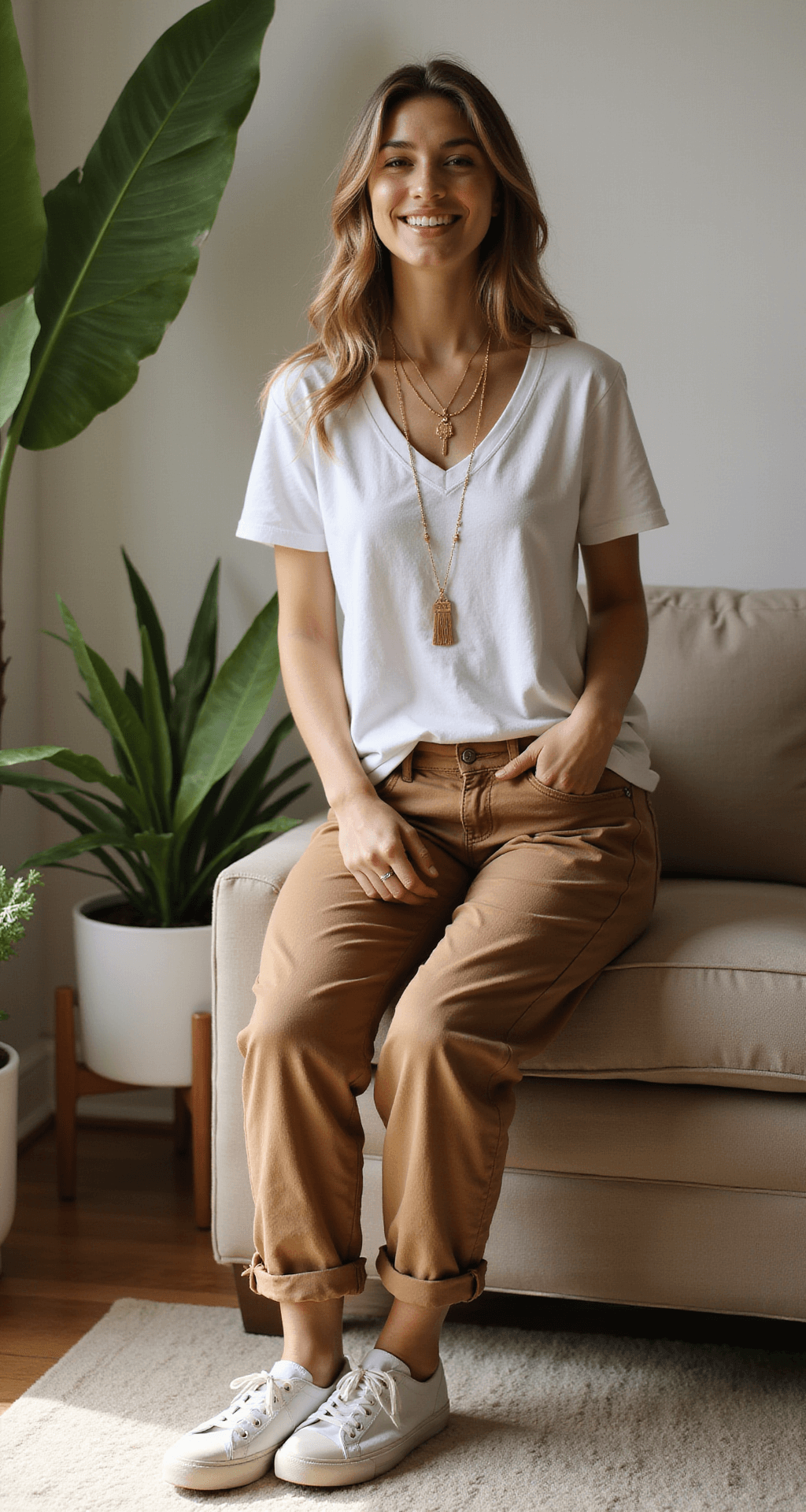 A cozy home office featuring neutral decor and potted plants, showcasing a casual outfit of brown cargos, a white tee, layered gold necklaces, and comfortable sneakers. Warm afternoon light filters through leaves, casting organic shadows in a natural, lived-in setting.