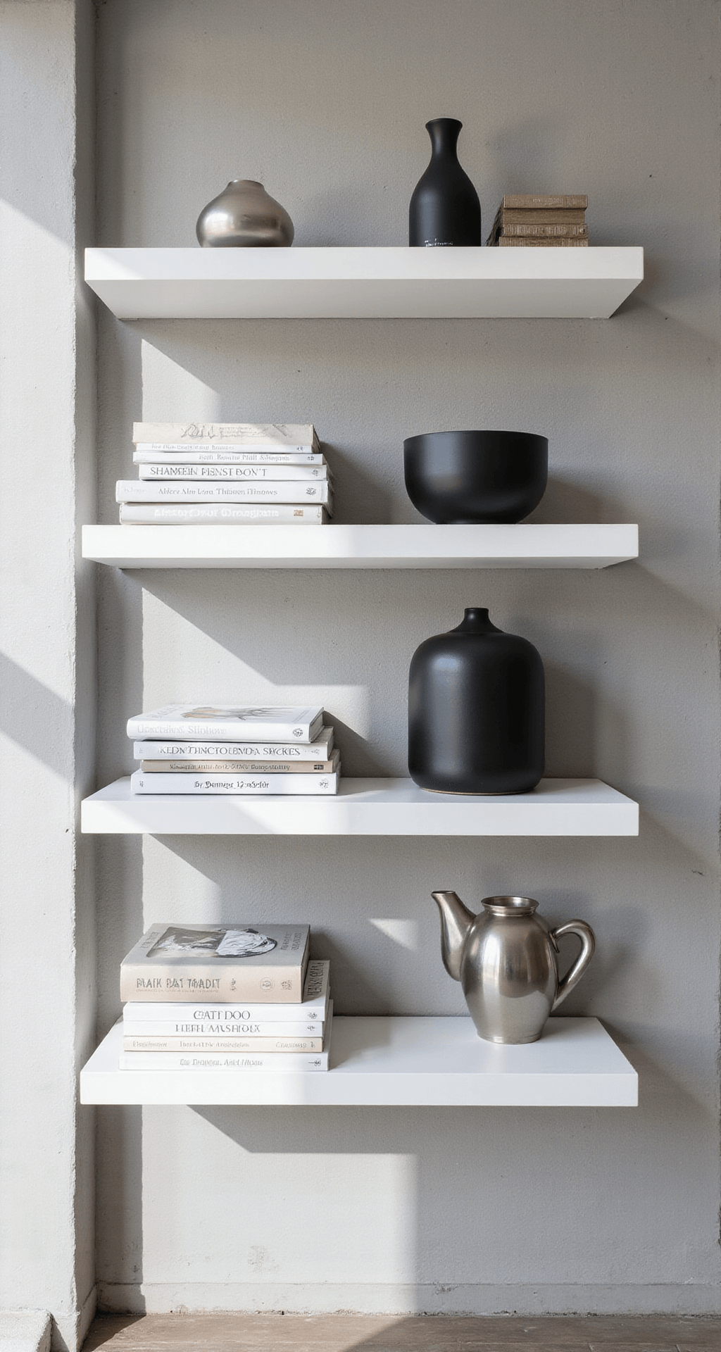 A contemporary 14x16ft living room featuring textured concrete walls and floating white shelves, arranged with art books, matte black ceramics, and brushed silver objects in a minimalist Scandinavian style, illuminated by soft mid-morning light.