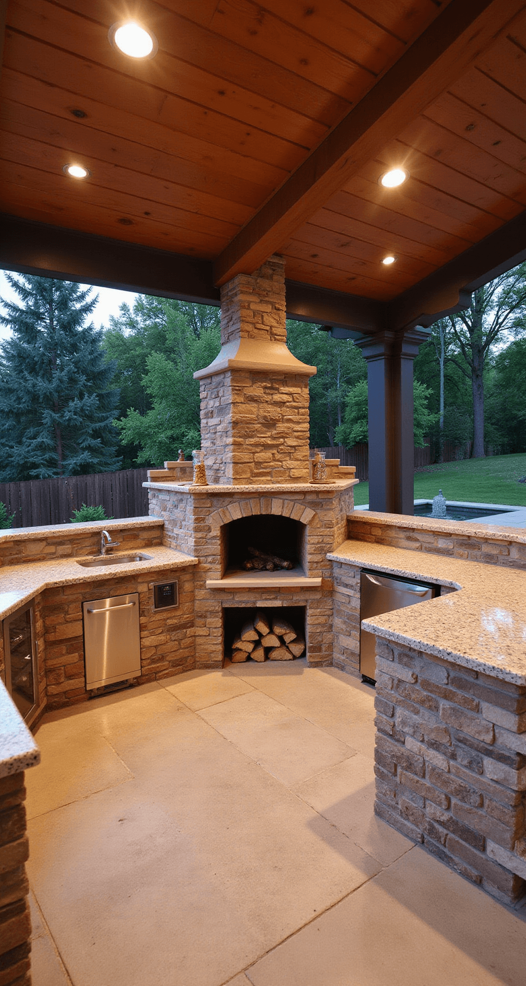 A family-friendly outdoor kitchen on a covered patio, featuring a hybrid wood/gas pizza oven, granite countertops, built-in bench seating with weather-resistant cushions, and warm recessed lighting, all designed for safety and functionality.