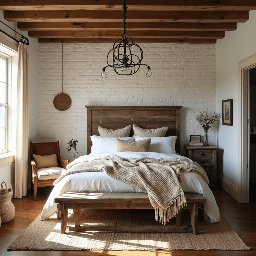 Rustic bedroom featuring exposed wooden ceiling beams, a reclaimed barn wood headboard against a white-washed brick wall, a king bed with cream chunky knit throws and vintage quilts, a distressed leather armchair in a reading nook, a jute rug, and natural woven baskets for storage, all bathed in warm afternoon light.