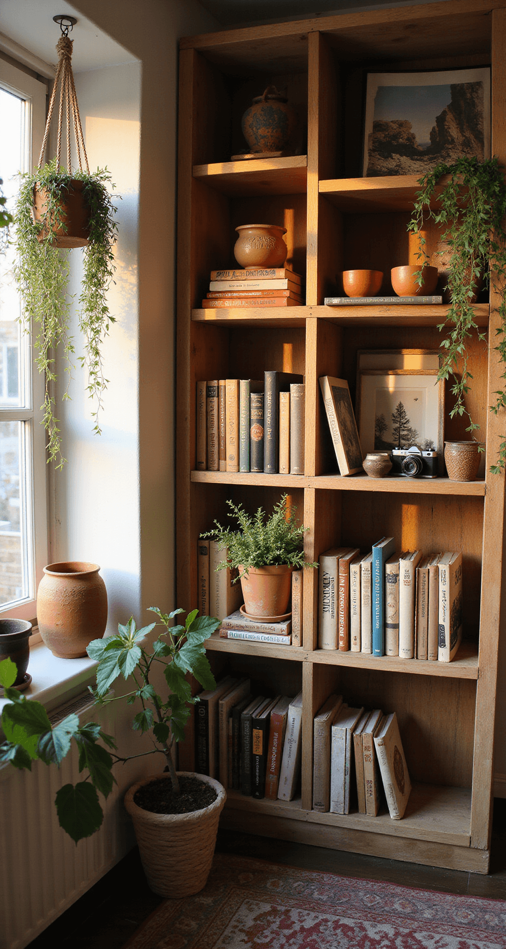 A cozy bohemian artist's studio featuring reclaimed wood bookcases, bathed in warm golden hour light. The space includes an eclectic mix of art books, vintage cameras, and handmade pottery in earthy terracotta tones, accented by macramé plant hangers with trailing vines. The color palette showcases warm neutrals with splashes of rust and sage, all captured from a corner angle with natural lighting.