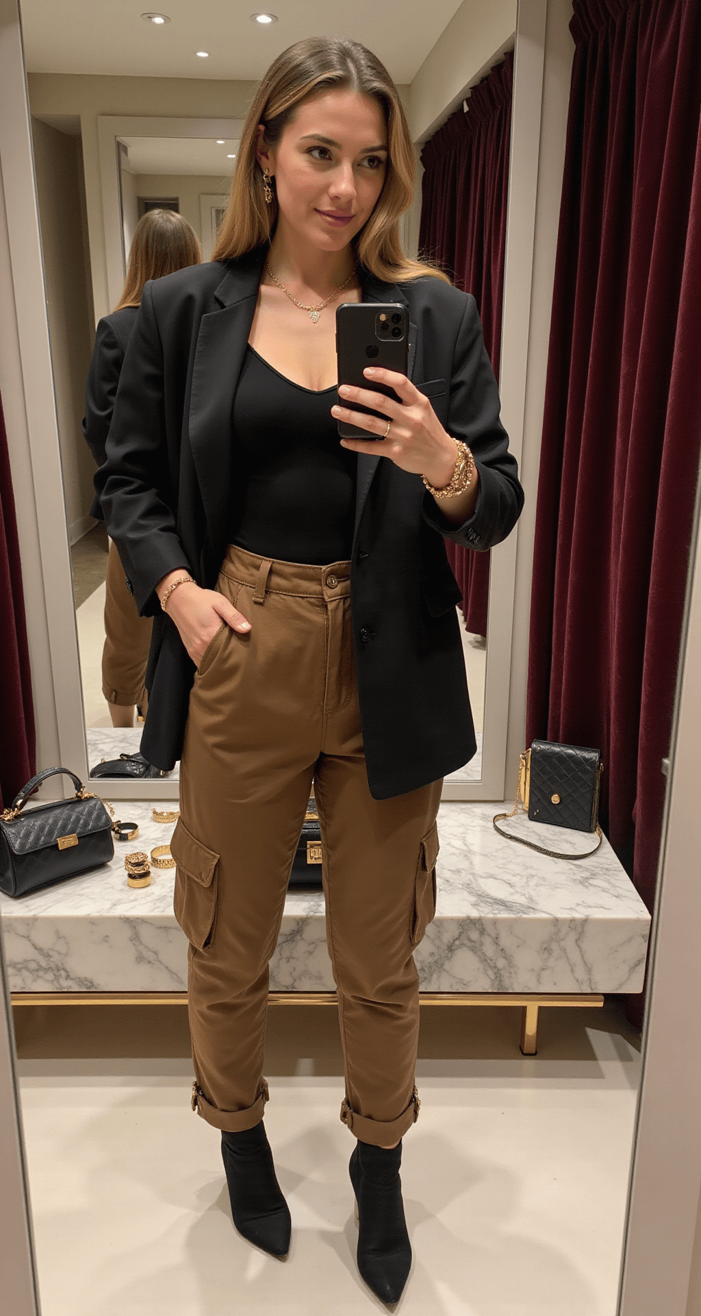 Fashion-forward boutique dressing room featuring brass fixtures and velvet curtains, showcasing a mirror selfie of a model wearing brown cargo pants, a fitted black bodysuit, and a structured blazer. Luxury accessories including a designer bag, gold-tone watch, and minimal jewelry are elegantly displayed on a marble shelf, with soft ambient lighting enhancing the intimate atmosphere.