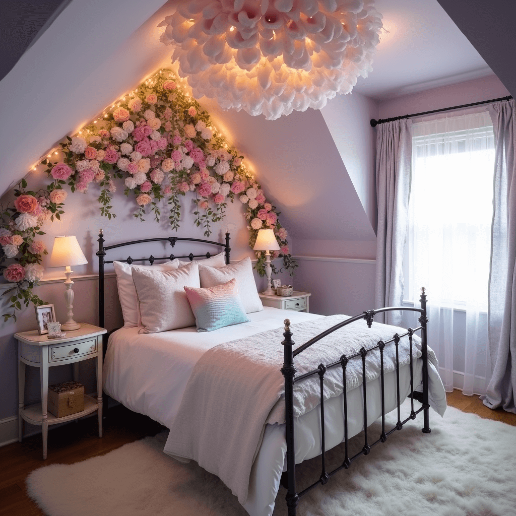 A whimsical wonderland bedroom featuring a vintage iron bed frame beneath a canopy of delicate fairy lights, soft lilac walls, and an oversized paper flower installation. Floating shelves showcase crystal collections and trailing plants, while tulle curtains diffuse natural light. The pastel rainbow accent pillows rest on cloud-white bedding, all captured from a low angle to highlight the magical ceiling.