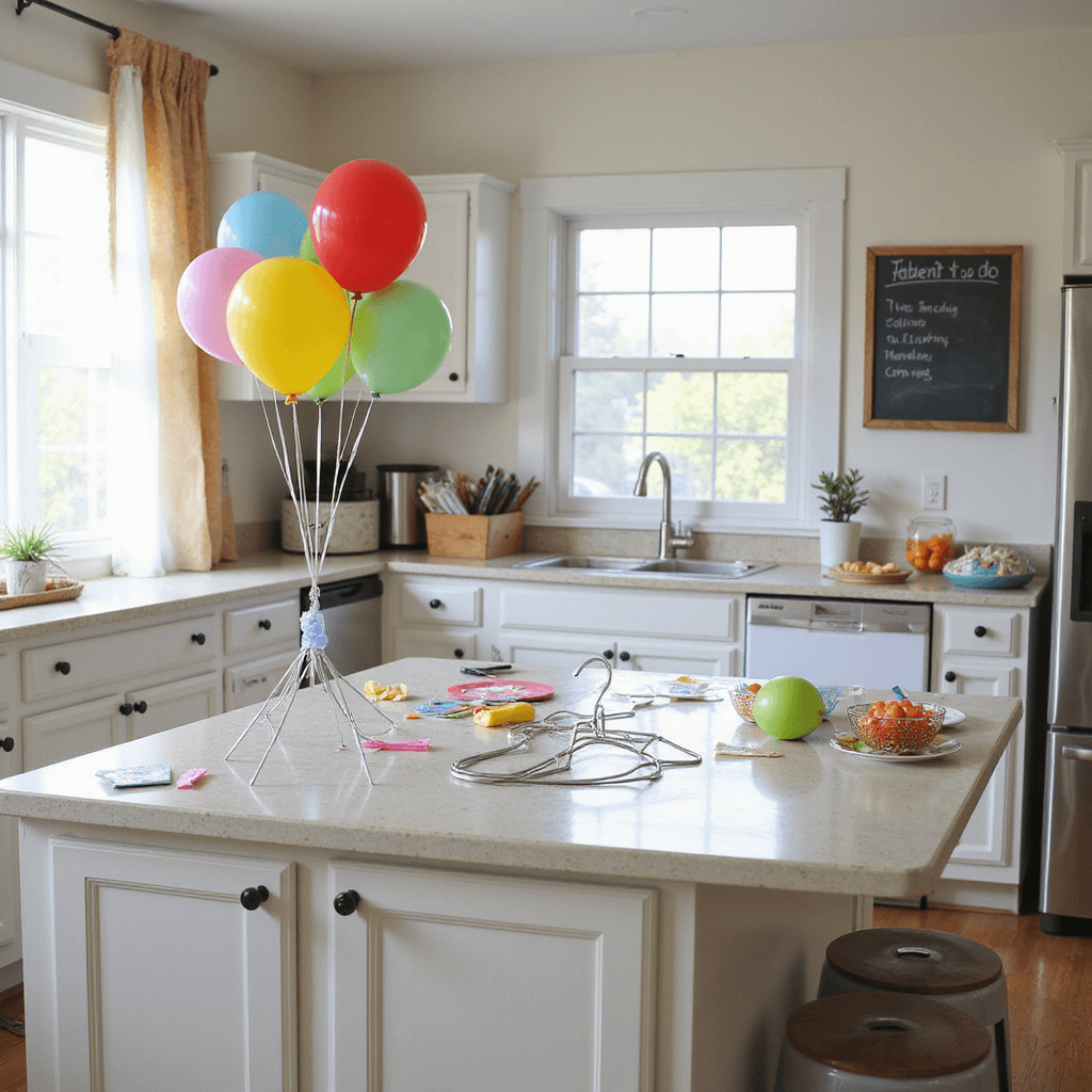 A bright modern kitchen with white cabinets and stainless steel appliances, featuring a cluttered island countertop with balloons in various inflation stages, a wire hanger balloon-tying tool, colorful balloon bunches hanging from cabinet knobs, and a chalkboard listing party to-dos, illuminated by morning sunlight through sheer curtains.