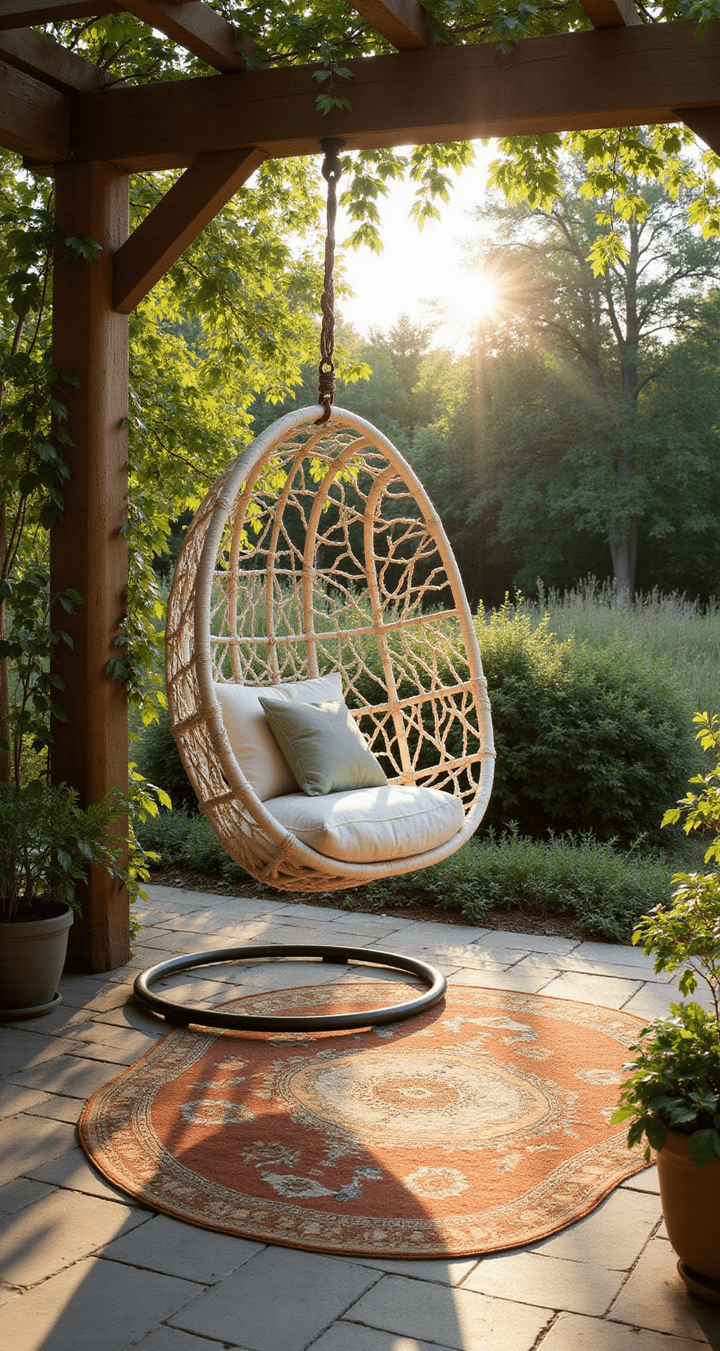 A low-angle view of a cream-colored macramé hanging chair swaying gently in a serene garden corner at golden hour, framed by climbing jasmine on copper trellises, with sage green cushions, dappled sunlight filtering through pergola slats, and a vintage Persian rug in muted terracotta tones on textured stone pavers.