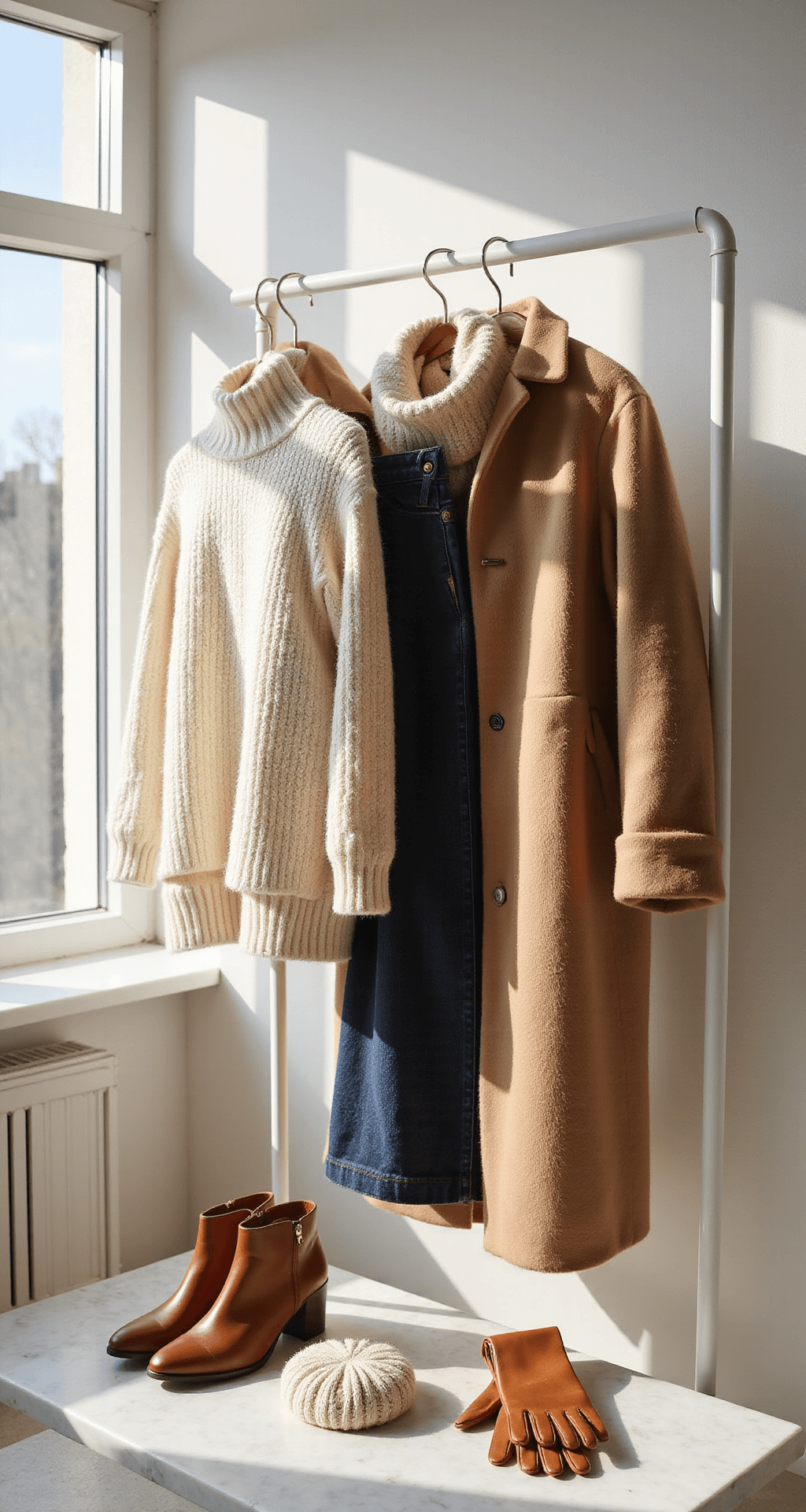 A sunlit minimalist bedroom featuring a winter capsule wardrobe, with chunky cream knit sweaters, dark wash denim, and cognac leather ankle boots displayed on a white clothing rack. A camel wool coat hangs prominently, accompanied by beige cashmere accessories on a marble surface. The scene is bright and clean, showcasing soft shadows and natural textures.