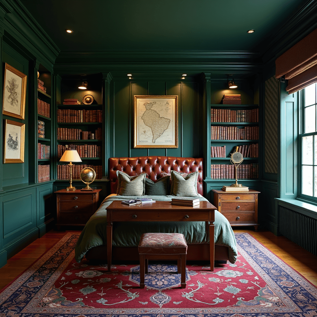 A cozy dark academia bedroom featuring deep emerald walls, floor-to-ceiling bookshelves filled with leather-bound books, a Chesterfield leather headboard against a herringbone wallpaper accent wall, and a mahogany desk with a vintage brass library lamp and globe. An intricate Oriental carpet in deep burgundy and navy covers the floor, while antique maps and scientific illustrations in gilt frames adorn the walls. Moody lighting from brass sconces enhances the scholarly atmosphere.