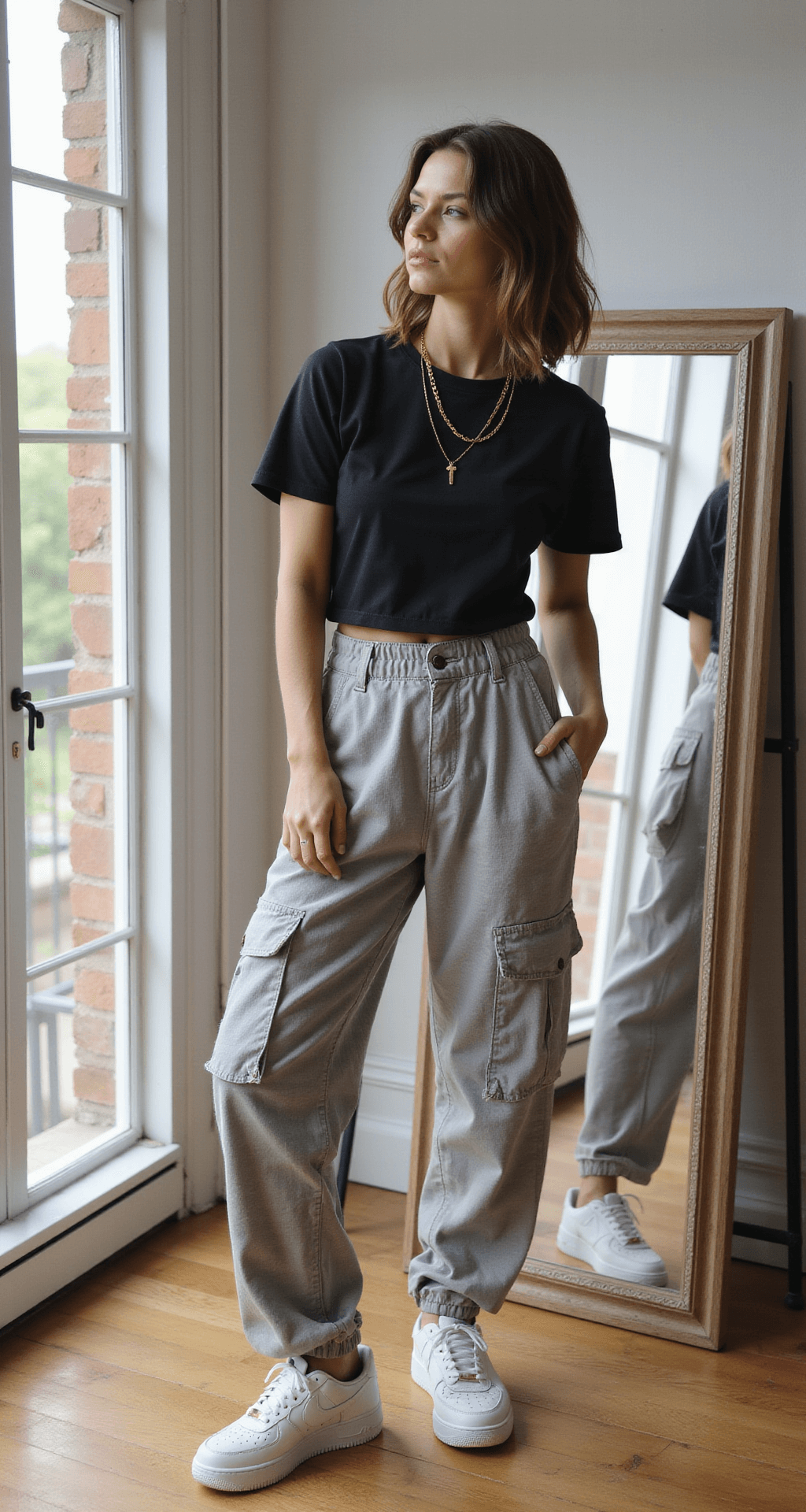 A fashion influencer in relaxed-fit grey cargo pants and a fitted black tee stands in a sunlit minimalist studio apartment, reflected in a full-length mirror. She wears white Nike Air Force 1s and delicate gold chain necklaces, with a neat clothing rack of neutral pieces in the background.
