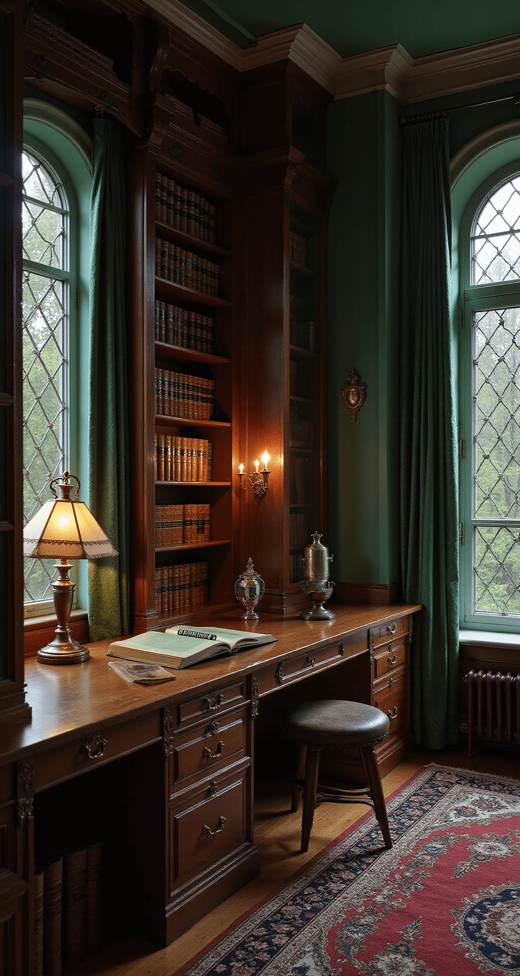 A luxurious gentleman's study with emerald green walls, mahogany built-ins, and ambient lighting from brass library lamps, featuring first-edition leather-bound books, vintage decanters, and bronze sculptures, framed by heavy silk curtains and leaded glass windows.