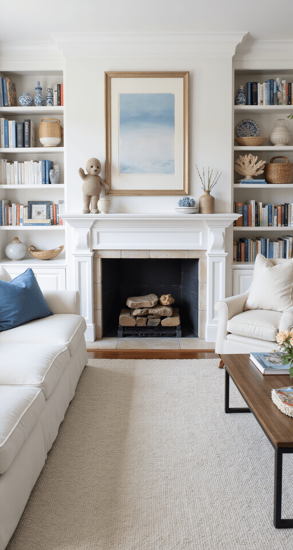 A bright family room with white bookcases beside a limestone fireplace, sunlight reflecting off white surfaces; books arranged by size alongside coral, ceramics, and baskets, featuring sandy beige and soft blue textiles, evoking a fresh and relaxed coastal atmosphere.