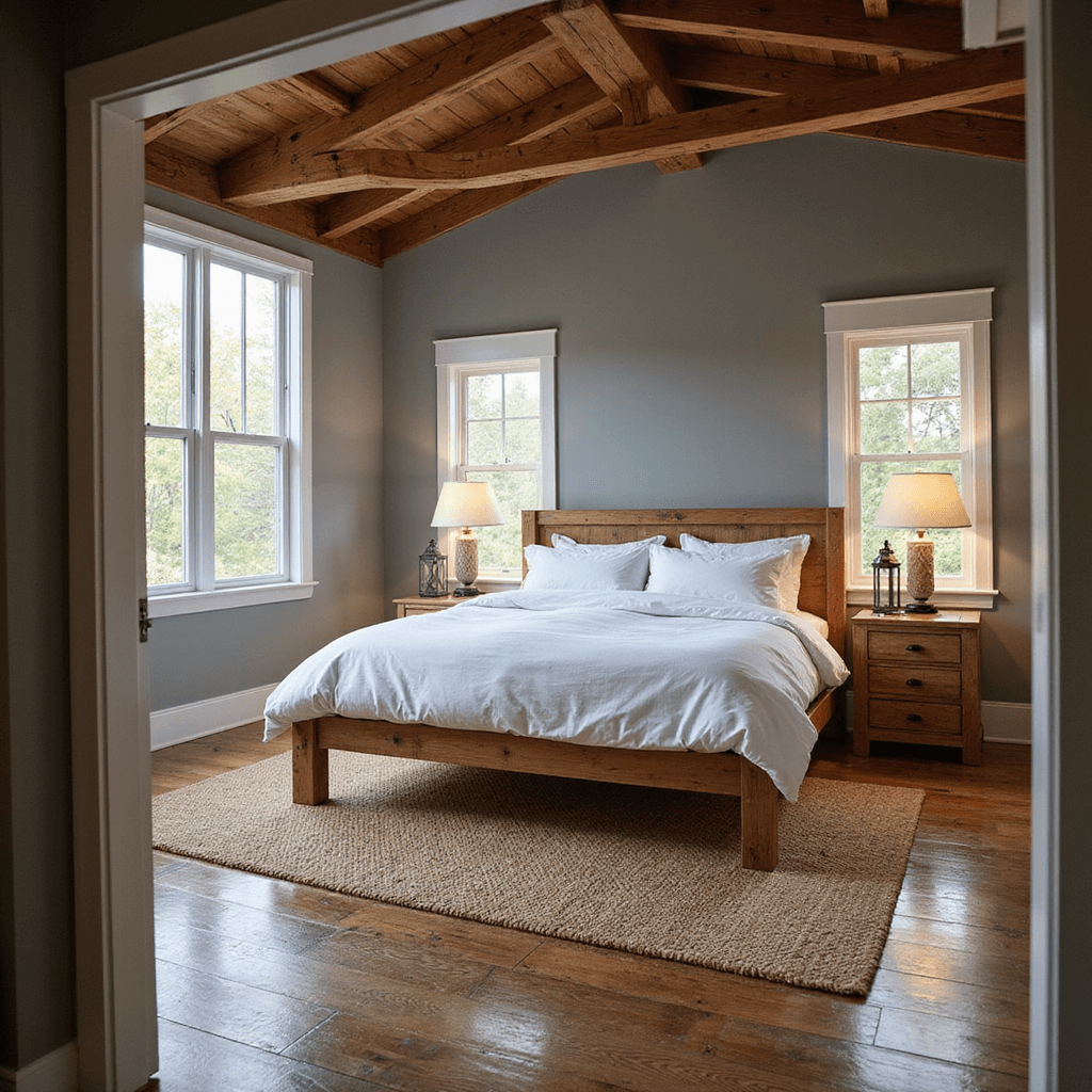 Cozy cabin-style bedroom featuring exposed wooden beams, a rustic oak platform bed with white linen bedding, and vintage-style lanterns on natural wood nightstands, with a large window allowing warm late afternoon sunlight to fill the space. The earthy jute rug lies over wooden flooring, while the hurricane gray accent wall and white trim enhance the inviting atmosphere.