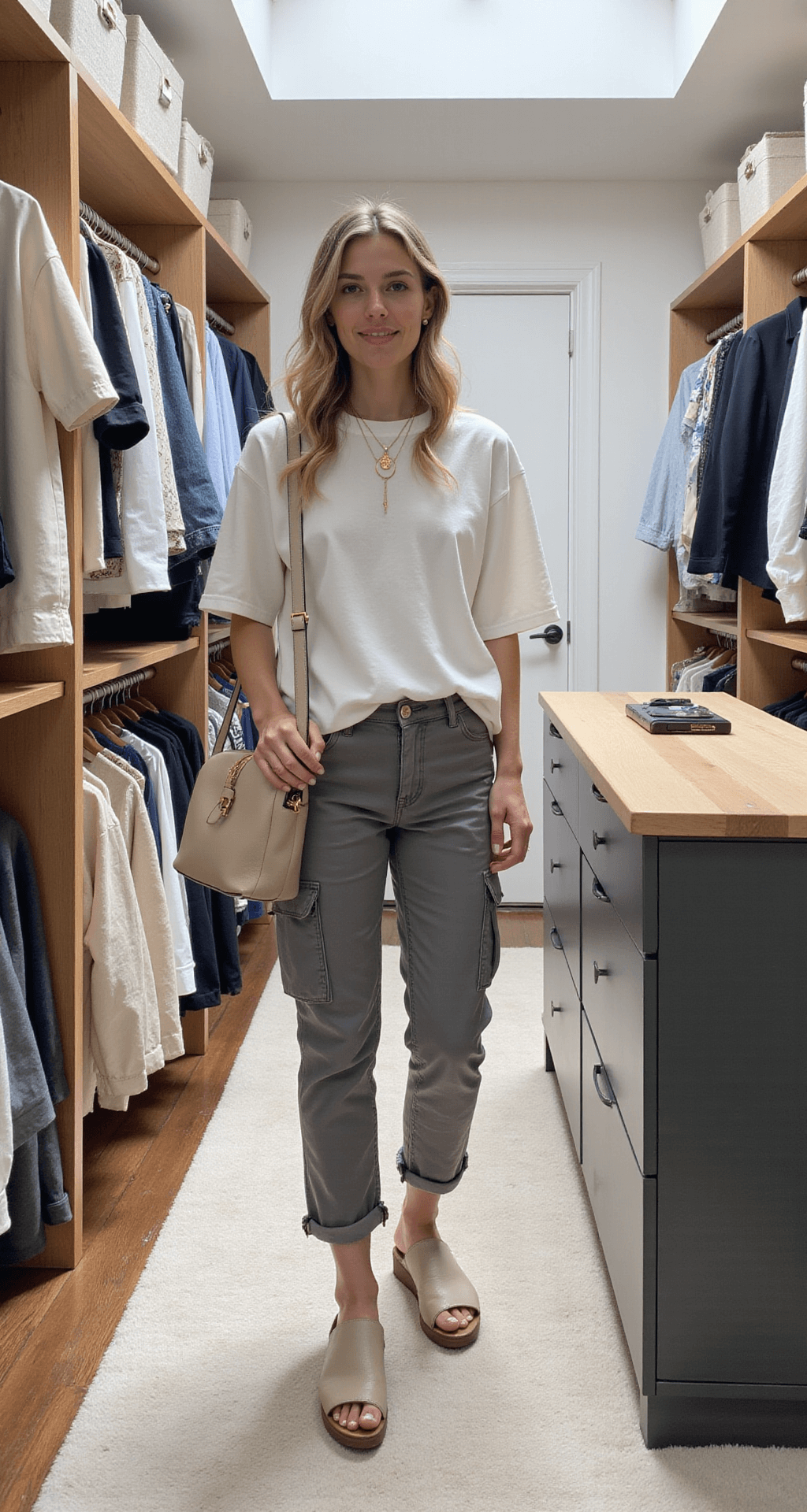 Bright walk-in closet featuring a neatly organized outfit flat lay: grey cargo pants, a white oversized tee, canvas sandals, and a beige crossbody bag, with minimal gold jewelry accents. Natural light enhances the textures and shadows.