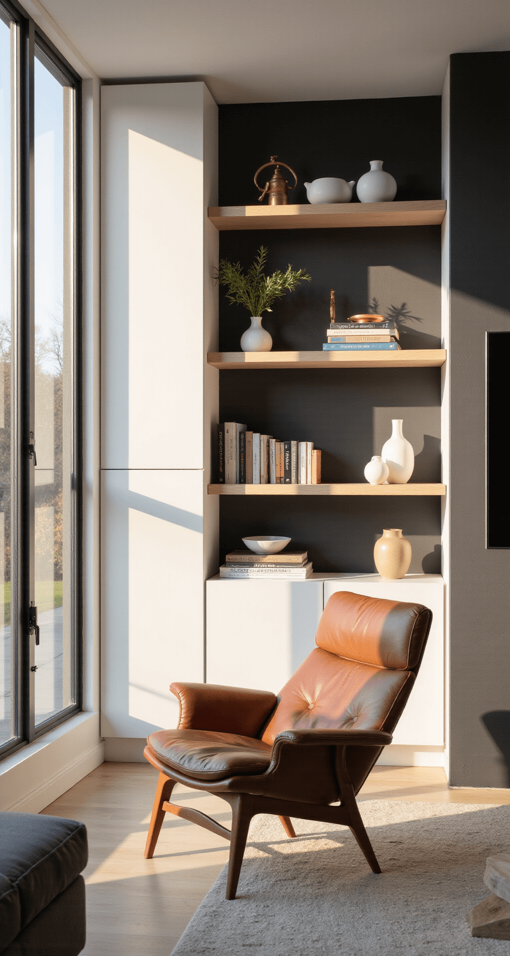 A sunlit modern minimalist living room featuring floor-to-ceiling white built-in bookcases, with golden hour light streaming through tall windows and casting shadows. The room has white oak floating shelves against a matte charcoal wall, with books arranged in monochromatic blocks, minimal brass objects, and white ceramic vessels. A cognac leather Danish modern lounge chair is positioned at a 45° angle. The image captures depth with a corner perspective and soft focus.