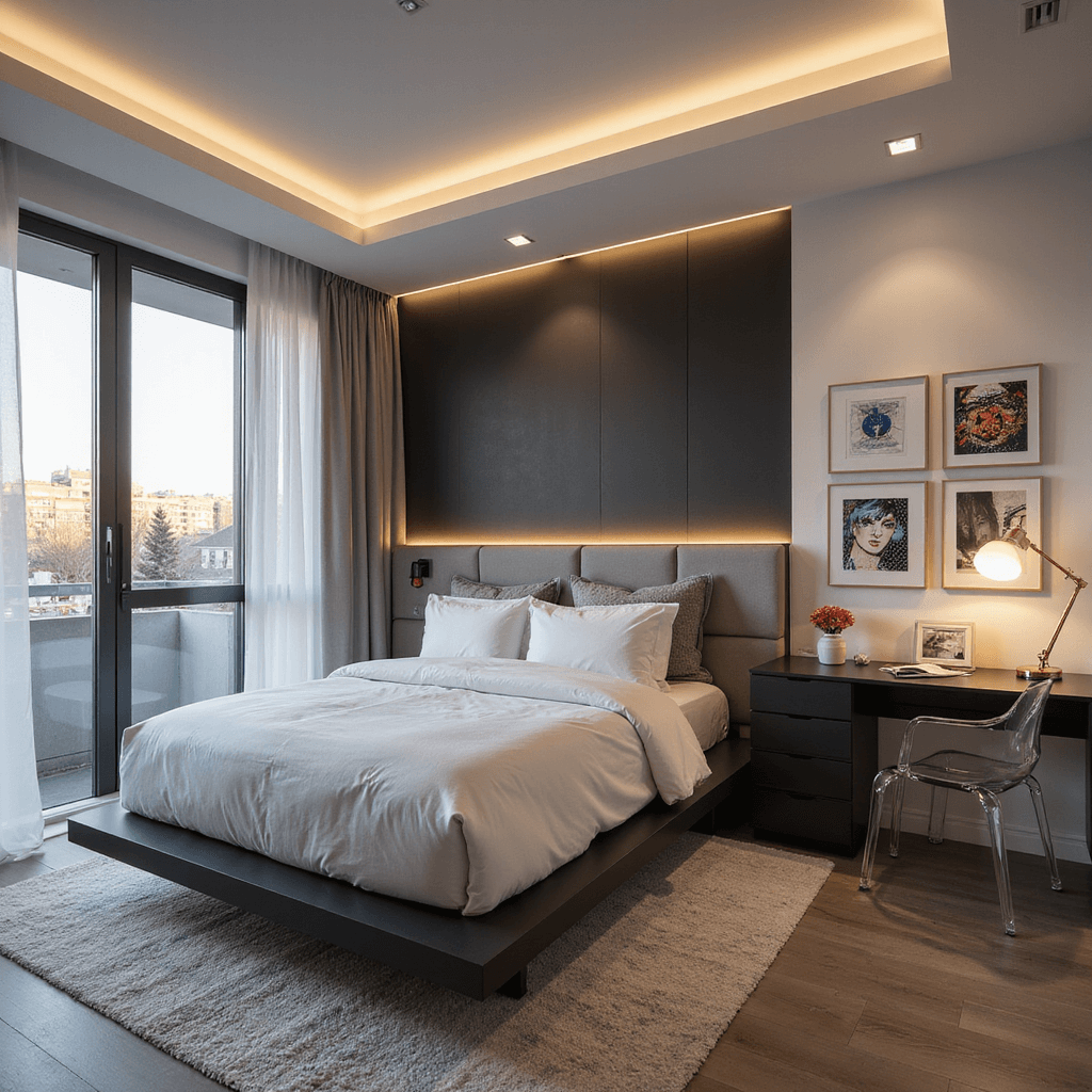A modern teen bedroom featuring a sleek platform bed with a geometric headboard against a charcoal accent wall, illuminated by LED strip backlighting. Floor-to-ceiling windows with sheer white curtains allow warm golden hour light to fill the room, highlighting a matte black floating desk with an acrylic chair and rose gold accessories. Clean-lined white and gray furniture is adorned with vibrant pop art canvas prints, captured in a wide-angle photograph at eye level.