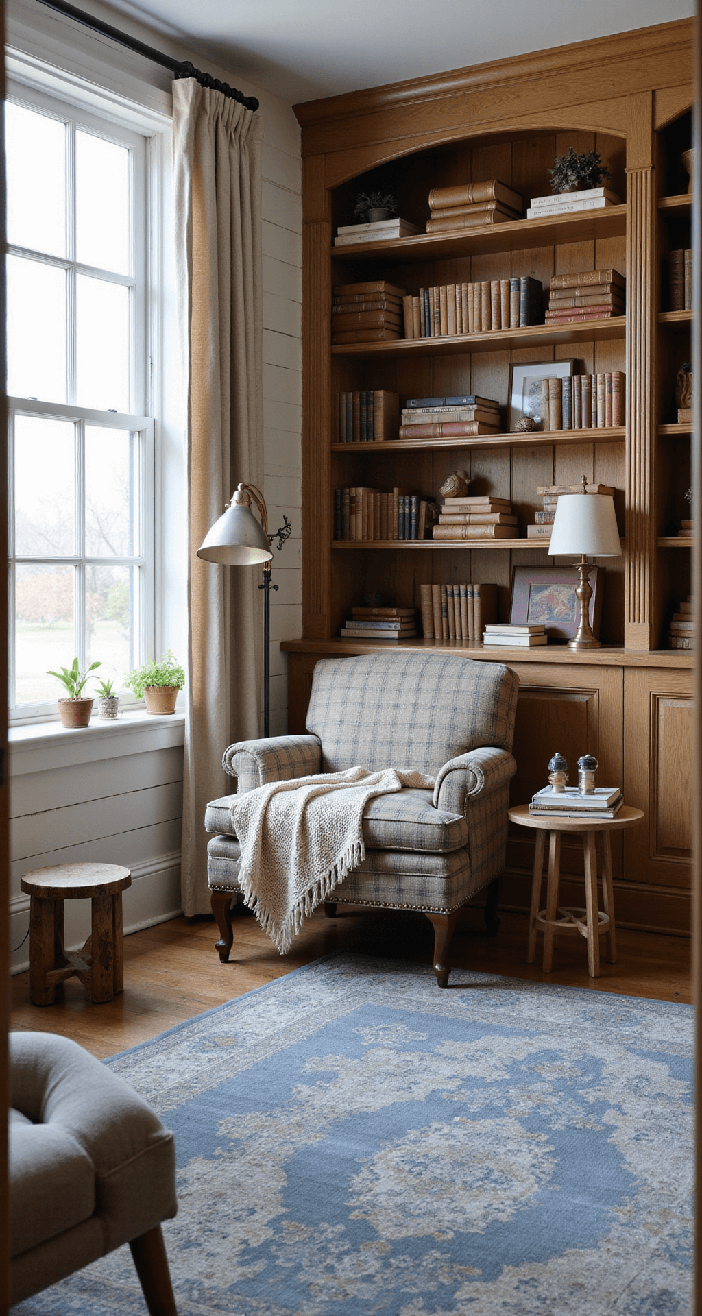 Cozy farmhouse library nook featuring distressed white shiplap walls, weathered oak built-ins, vintage ladder, leather-bound books, worn brass lamps, an oversized buffalo check armchair with a knit throw, and a faded blue Persian rug, illuminated by natural light filtering through linen curtains.