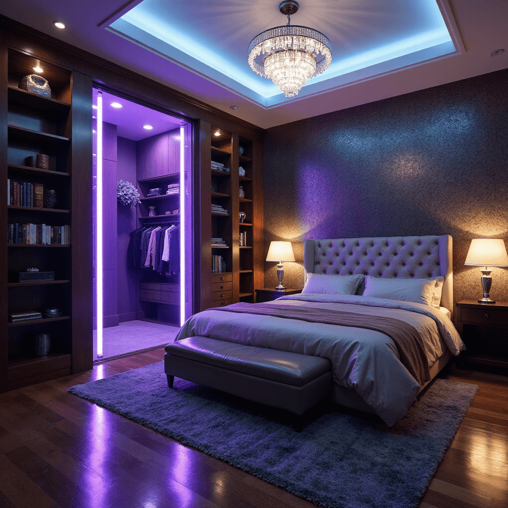 Luxurious primary bedroom featuring a tufted king bed with champagne silk bedding, illuminated by a crystal chandelier and purple-tinted LED strips from a hidden bookshelf door leading to a walk-in closet, all captured at blue hour with high-gloss wooden flooring reflecting ambient light.