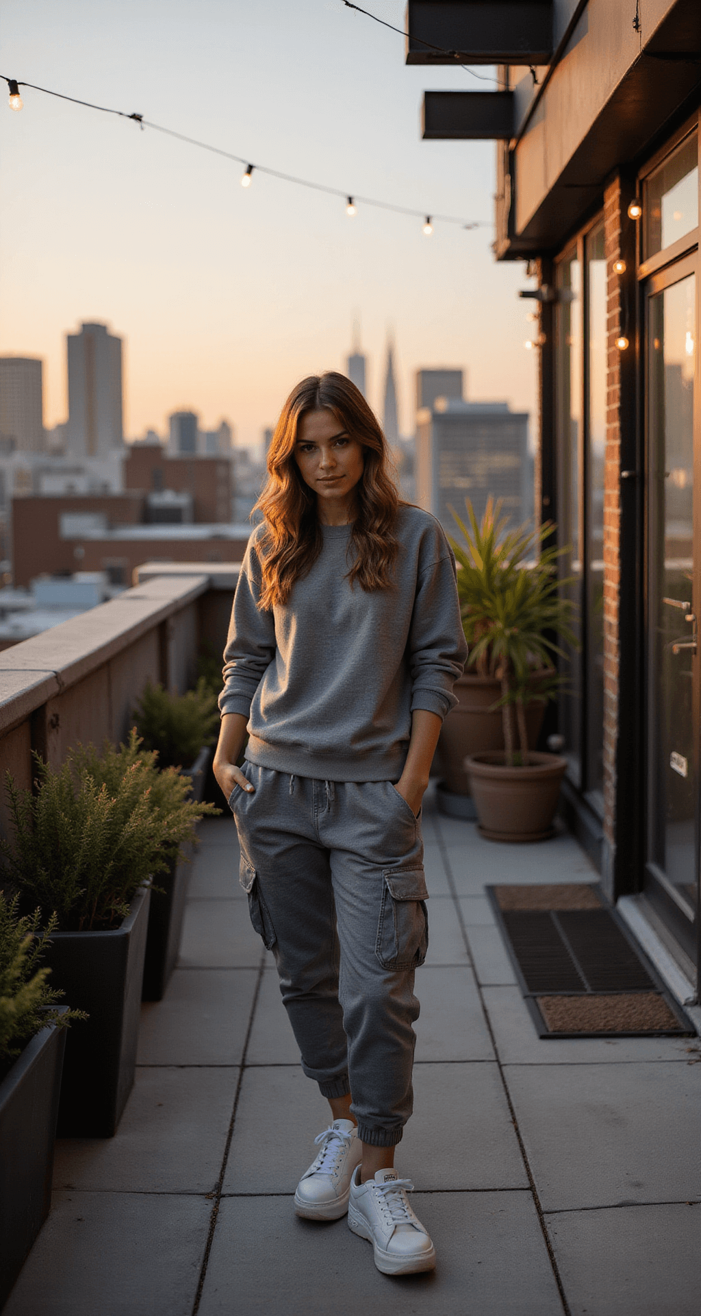 A model relaxes on a contemporary rooftop terrace at sunset, wearing grey cargo pants and a fitted grey sweatshirt with white platform sneakers, surrounded by industrial elements, potted plants, and string lights, all bathed in warm golden hour lighting, shot from a low angle to highlight the city skyline.