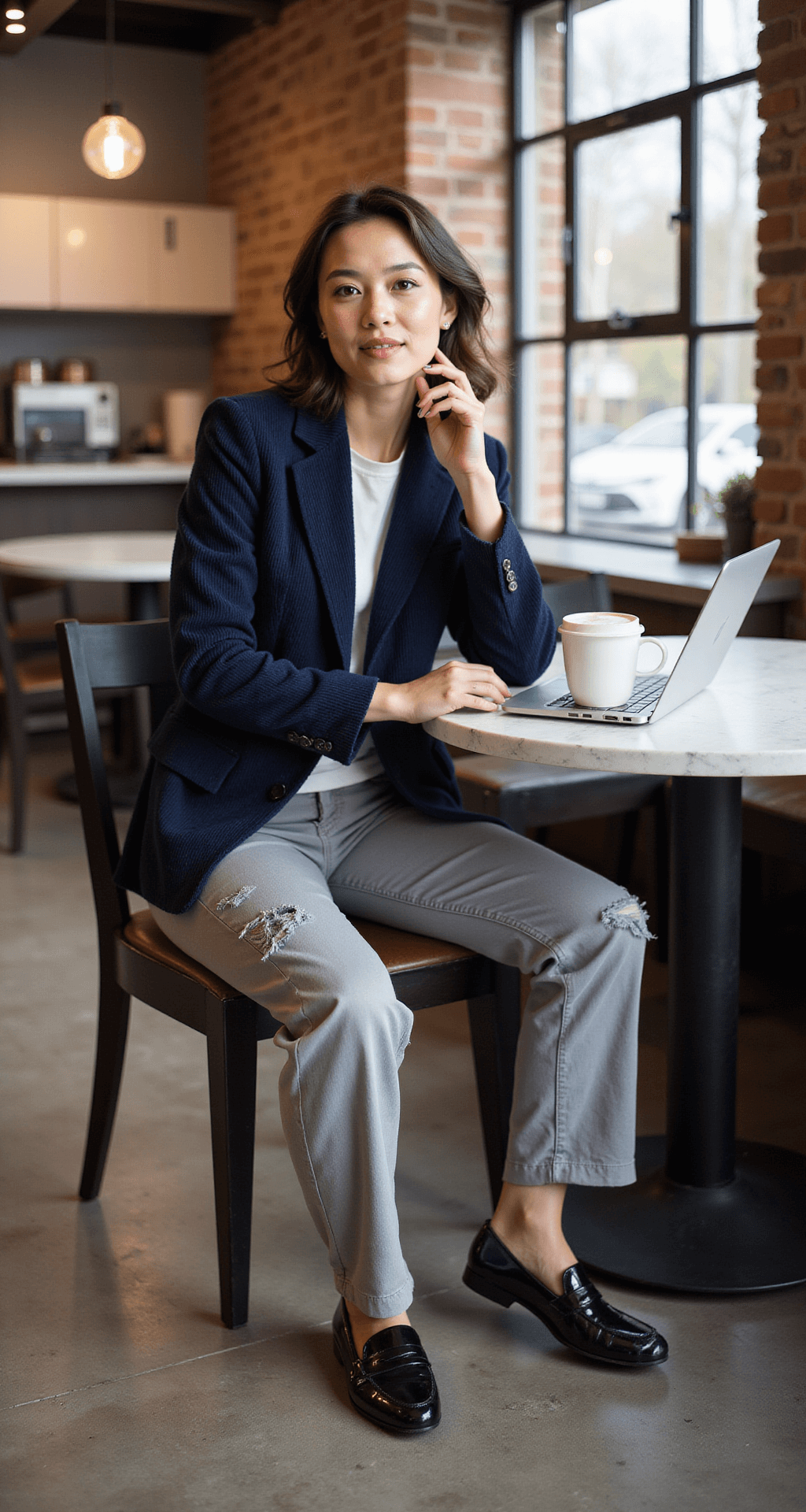 A fashion blogger in grey cargo pants and a navy corduroy blazer candidly works on a laptop at a marble table in an industrial-chic coffee shop, with warm woods and exposed brick surrounding her, as mid-morning light streams through large windows.