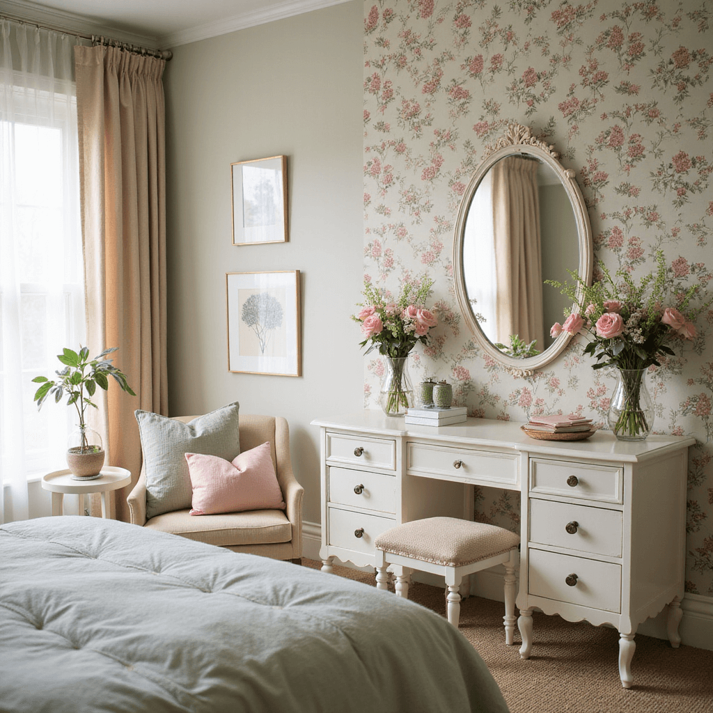 A cozy spring-themed bedroom featuring floral wallpaper, white furniture with pink and sage accents, fresh flowers in crystal vases, and a vintage-style vanity, all illuminated by soft morning light filtering through sheer curtains.