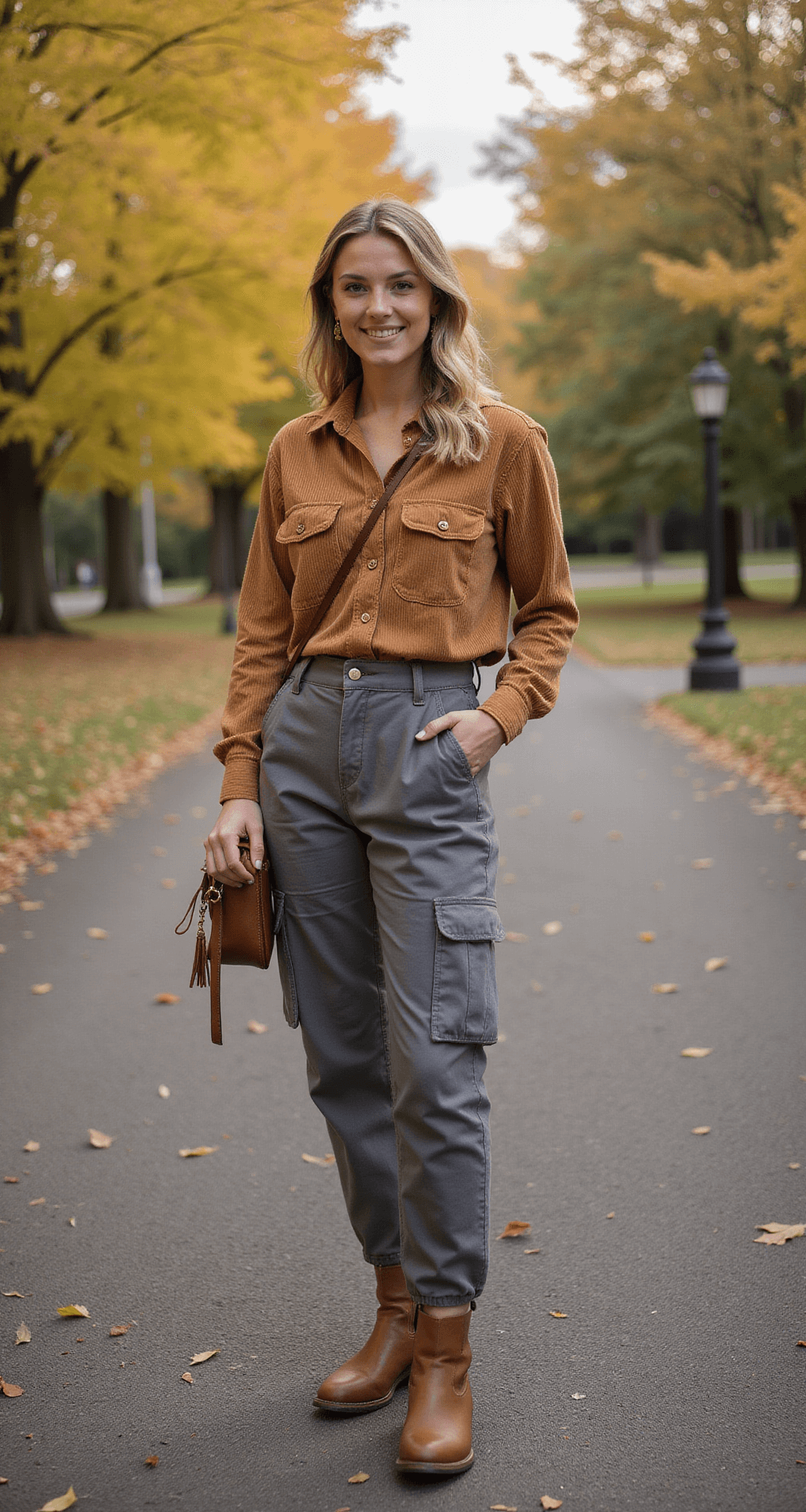 A person in grey cargo pants and a tan cropped corduroy shirt stands in a peaceful autumn park, surrounded by colorful leaves. They wear desert boots and hold a vintage leather crossbody bag, illuminated by soft afternoon light filtering through the trees.