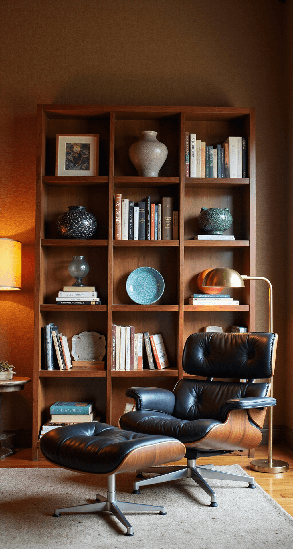 Mid-century inspired den featuring angled walnut shelving, Eames lounge chair, dusk lighting with a brass floor lamp, geometric pottery, and art glass, against textured grasscloth wallpaper, emphasizing warm wood tones and jewel colors.