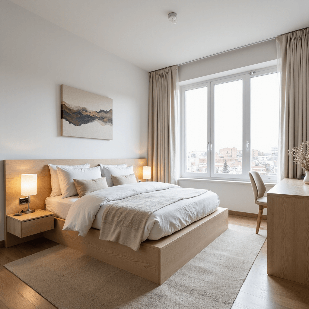 A minimalist 10x10 bedroom featuring a platform bed with built-in storage, floating nightstands, and a multi-functional desk that converts to a vanity. The room has clean white walls adorned with a single abstract canvas, a neutral palette of beige and cream with subtle texture variations, and is photographed from a corner angle at chest height in bright, even lighting to showcase its space-saving features.
