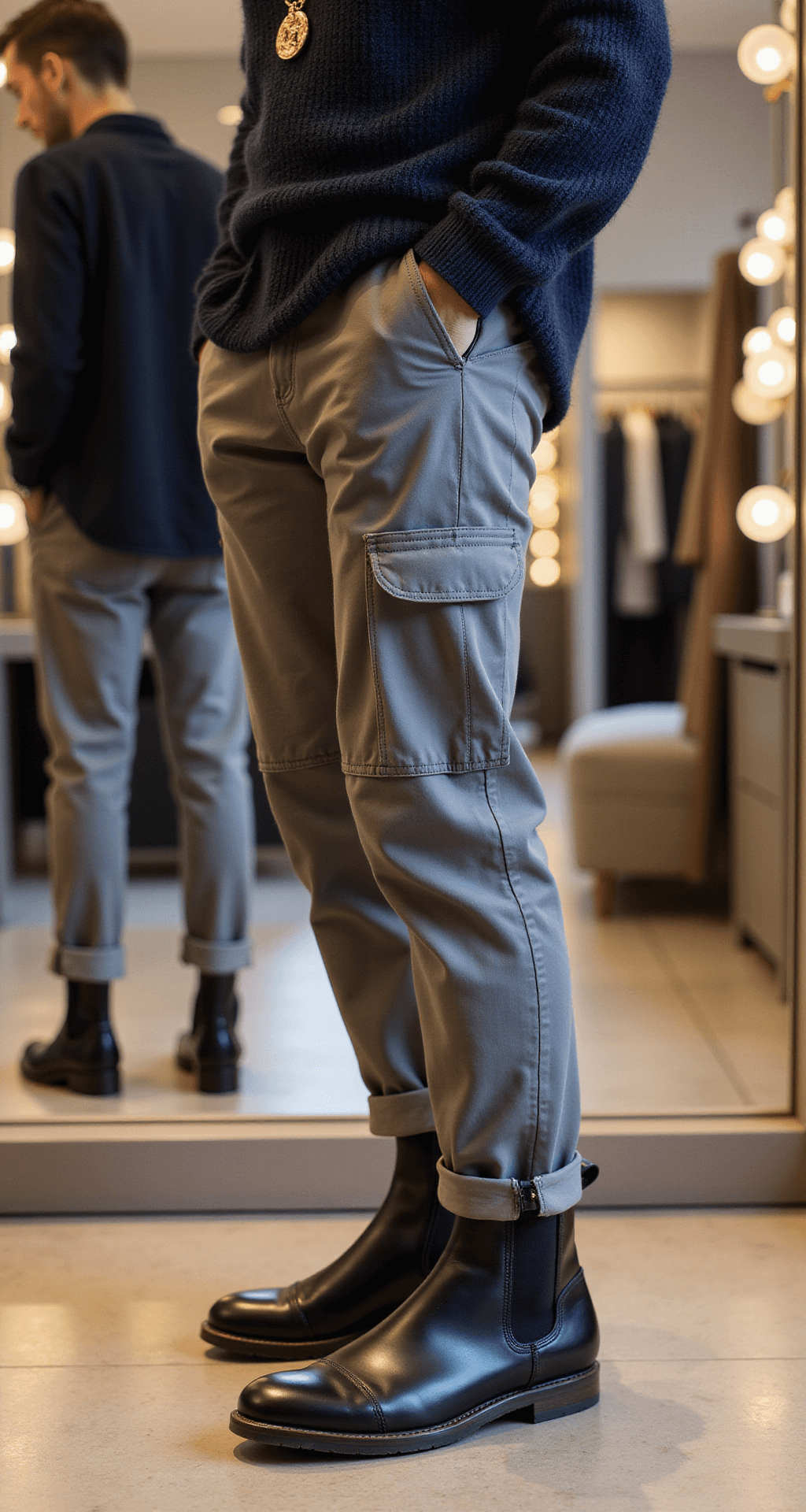 Close-up of a stylish outfit in a modern boutique dressing room featuring cuffed grey cargo pants and black leather Chelsea boots, paired with a navy knit sweater. A gold pendant necklace is reflected in a nearby mirror, illuminated by warm overhead lighting that enhances the elegant atmosphere.