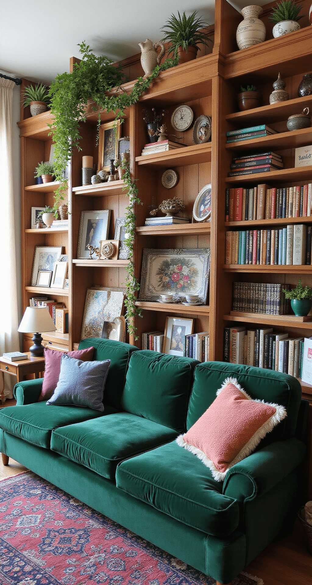 Eclectic living room featuring a gallery wall with mismatched vintage bookcases filled with colorful books and global artifacts, illuminated by soft late morning light through sheer curtains. An emerald velvet sofa anchors the scene, complemented by layered vintage rugs in jewel tones and trailing plants, all creating a vibrant maximalist display.