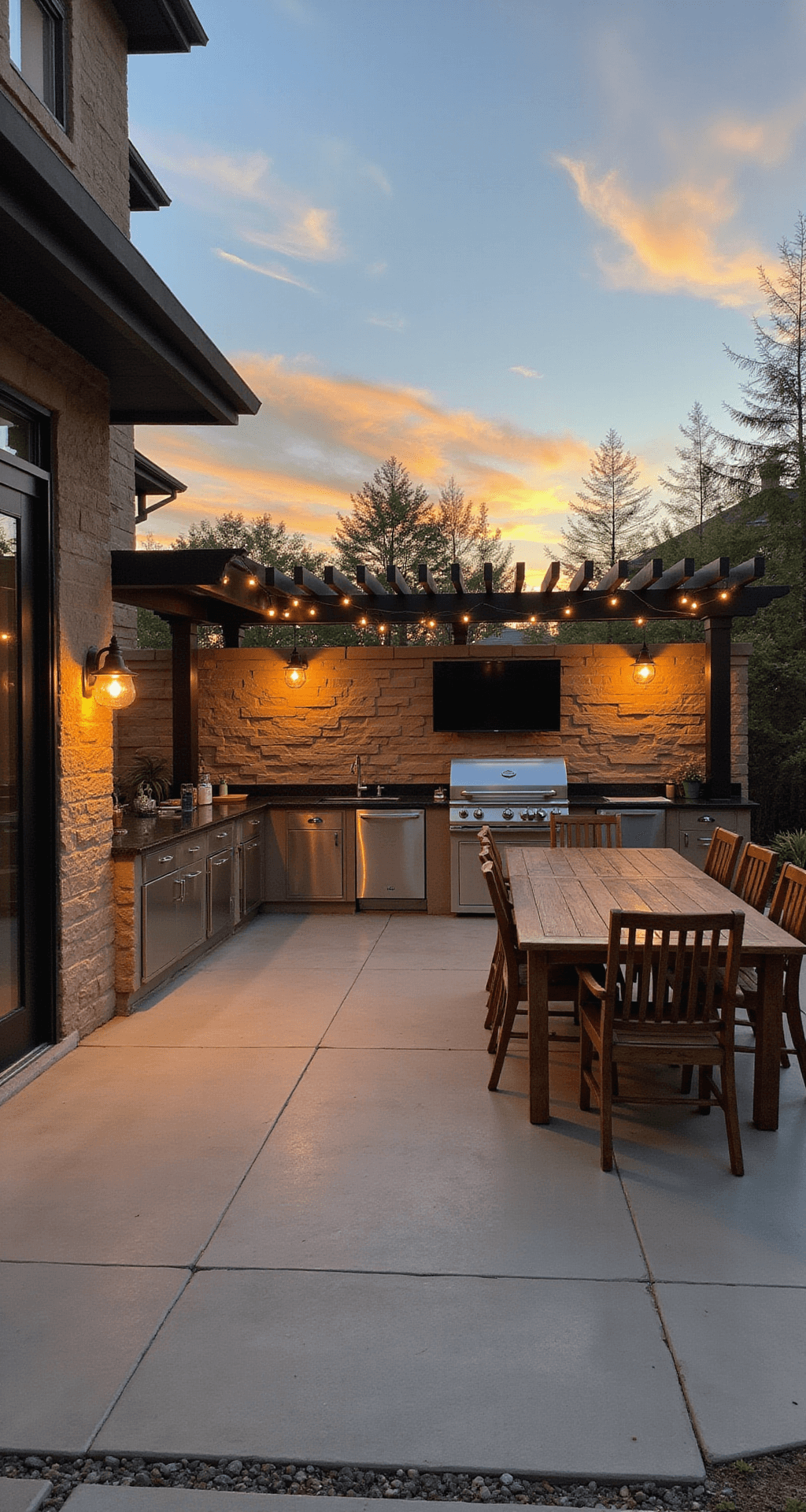 A modern patio BBQ setup at golden hour featuring a built-in stainless steel grill station, polished concrete flooring, dark granite countertops, and a weathered teak dining set under a black aluminum pergola, with warm LED string lights and a natural stone accent wall with a mounted TV, captured from a 45-degree angle.