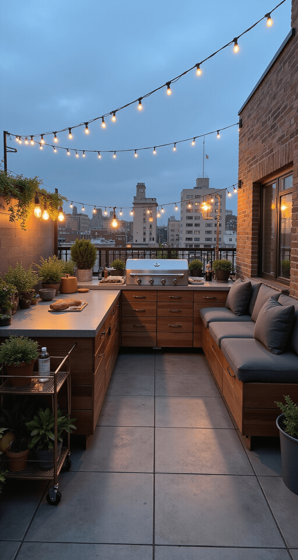 A cozy rooftop BBQ corner features a compact 10x10ft terrace at dusk, showcasing a modular grill island with concrete countertops and cedar accents, geometric porcelain tile flooring, built-in bench seating with charcoal cushions, a brass-finished portable bar cart, and potted herbs, all illuminated by string lights and soft ambient lighting.
