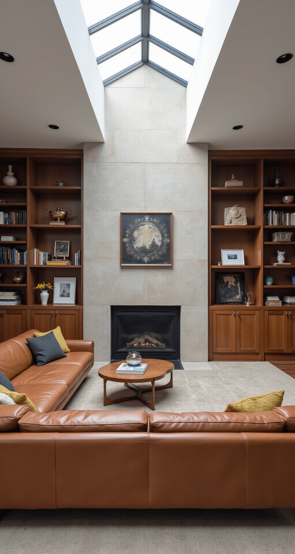 A spacious contemporary great room featuring built-in bookcases flanking a limestone fireplace, illuminated by a skylight. The room showcases a warm cognac Italian leather sectional, a textured neutral palette with brass accents, and a mix of float-mounted art pieces and curated book collections, creating a sophisticated gallery atmosphere.