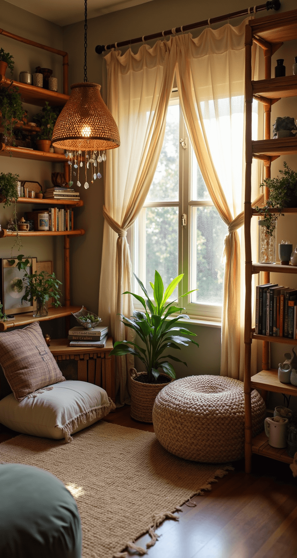 A cozy bohemian reading corner featuring rattan and wood freestanding shelves, golden hour light filtering through macramé curtains, floor cushions and vintage kilim poufs for seating, hanging plants among art books and crystals, and a natural fiber pendant lamp, all in warm earth tones and organic textures.
