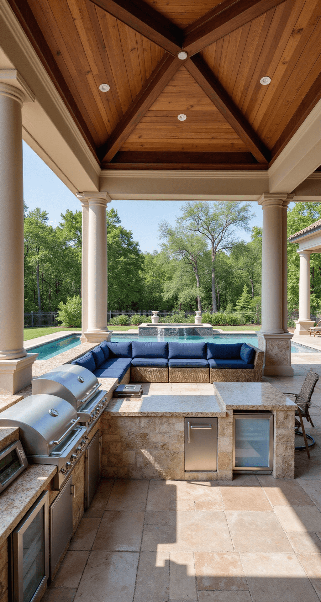 Luxury resort-style BBQ pavilion featuring an expansive covered patio with premium outdoor kitchen, infinity pool, and weatherproof sectional.