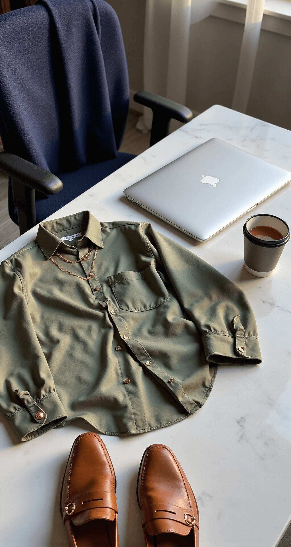 Close-up of a modern desk setup in a stylish workspace, featuring a navy cardigan draped over an ergonomic chair, a sage green silk button-down, gold minimalist jewelry, and warm tan leather loafers on a white marble desk. A sleek MacBook and designer coffee cup complete the scene, captured from above at a 45-degree angle with soft shadows.