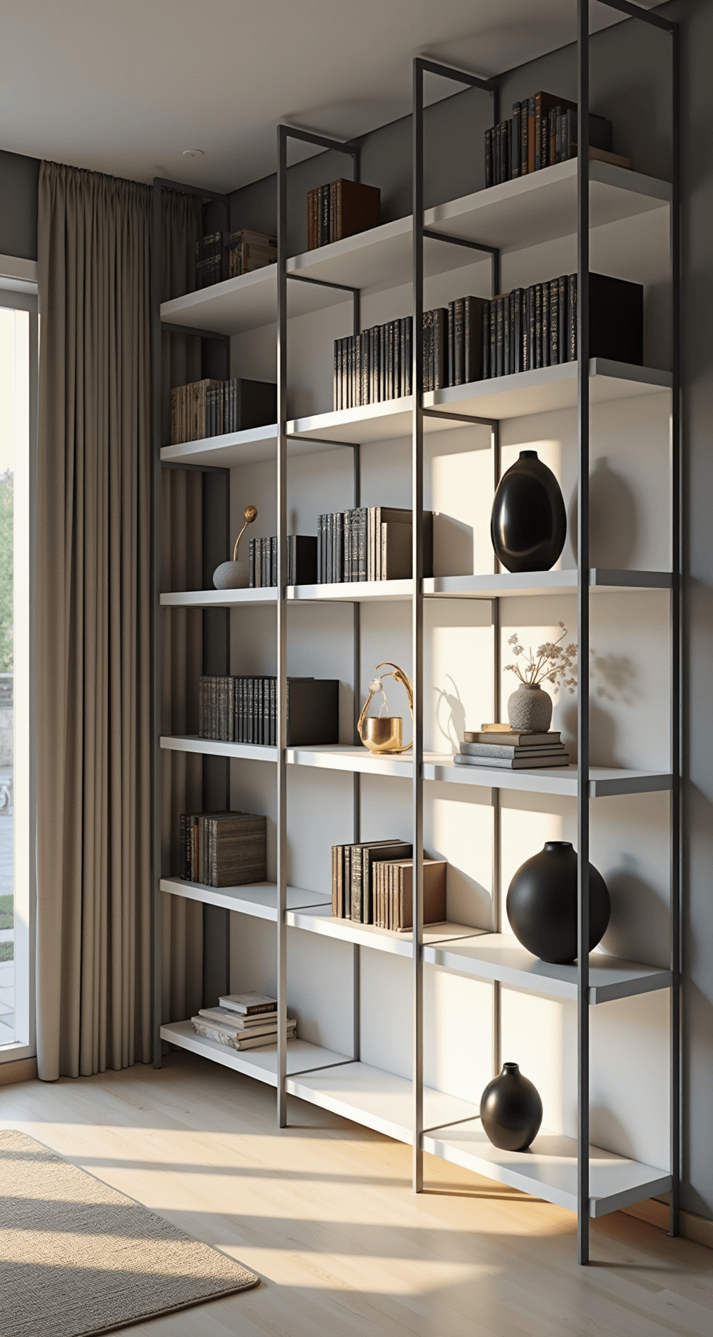 A modern minimalist built-in bookcase spans wall-to-wall in a living room, featuring pure white shelving with slim metal frames, filled with books in vertical and horizontal stacks, accented by matte black and brass accessories. The space is illuminated by golden hour sunlight streaming through floor-length windows, casting diagonal shadows on cool gray walls and white oak flooring, all captured from a corner perspective to emphasize clean lines and geometric forms.
