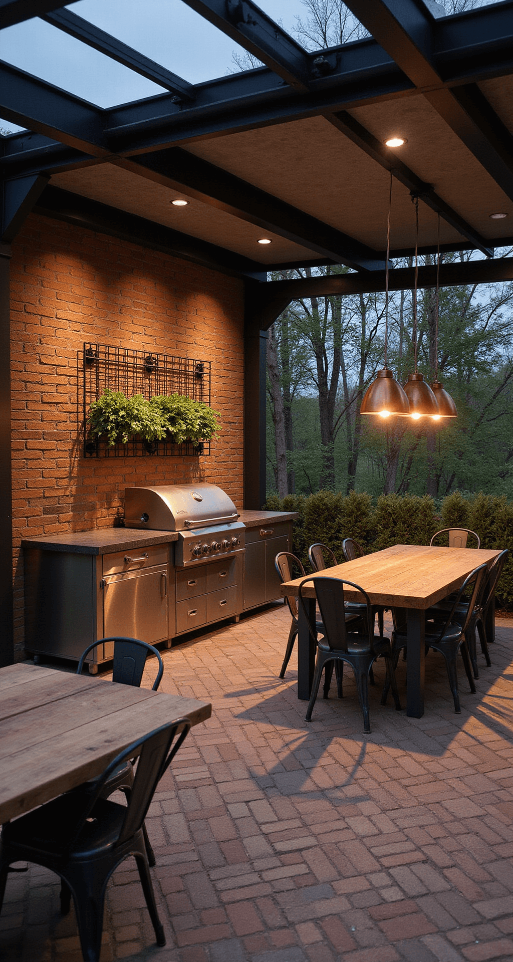 Rustic-industrial BBQ court featuring a cinder block and steel grill station with slate counters, a herringbone brick patio, vintage metal chairs, a reclaimed wood communal table, copper pendant lights, and a vertical herb garden, captured at twilight with moody backlighting highlighting textures.