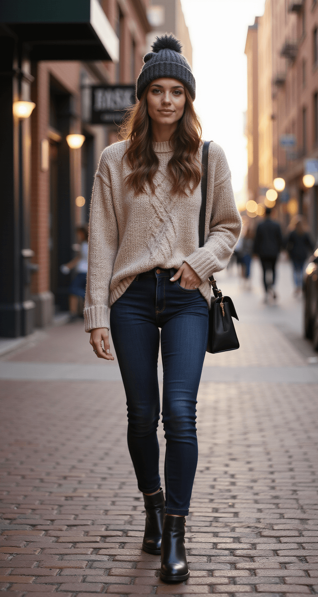 A young woman in an oversized oatmeal cable-knit sweater, dark indigo high-waisted jeans, black leather Chelsea boots, and a charcoal knit beanie walks on a brick sidewalk during golden hour, with city buildings blurred in the background.