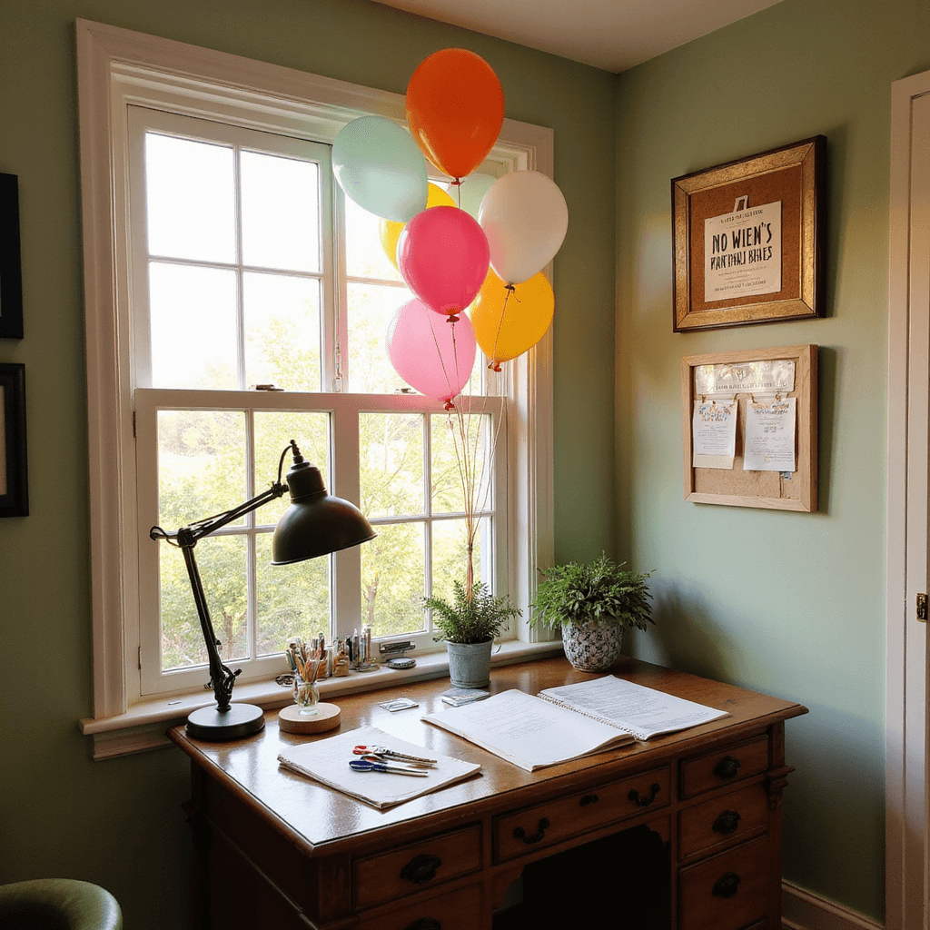 A cozy home office nook featuring a vintage desk with a balloon-adorned lamp, overlooking a garden through a bay window. The walls are sage green, decorated with balloon art and a cork board with party invitation drafts. Warm golden light fills the space, creating a productive yet festive atmosphere.