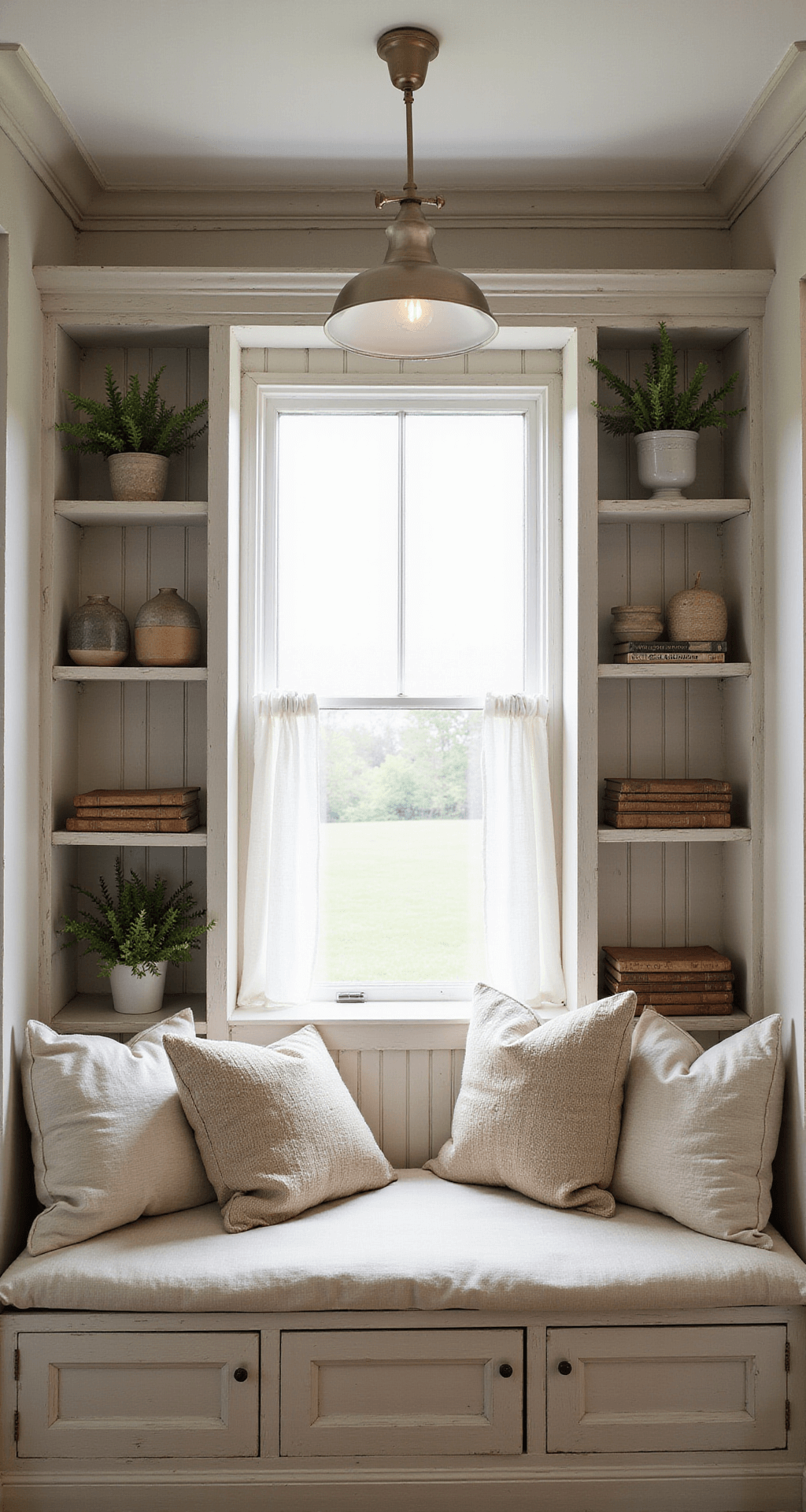 Cozy farmhouse-style reading nook with built-in bookcase, window seat, and soft morning light filtering through white linen curtains, showcasing distressed white oak shelves adorned with vintage books and potted herbs against warm greige walls.