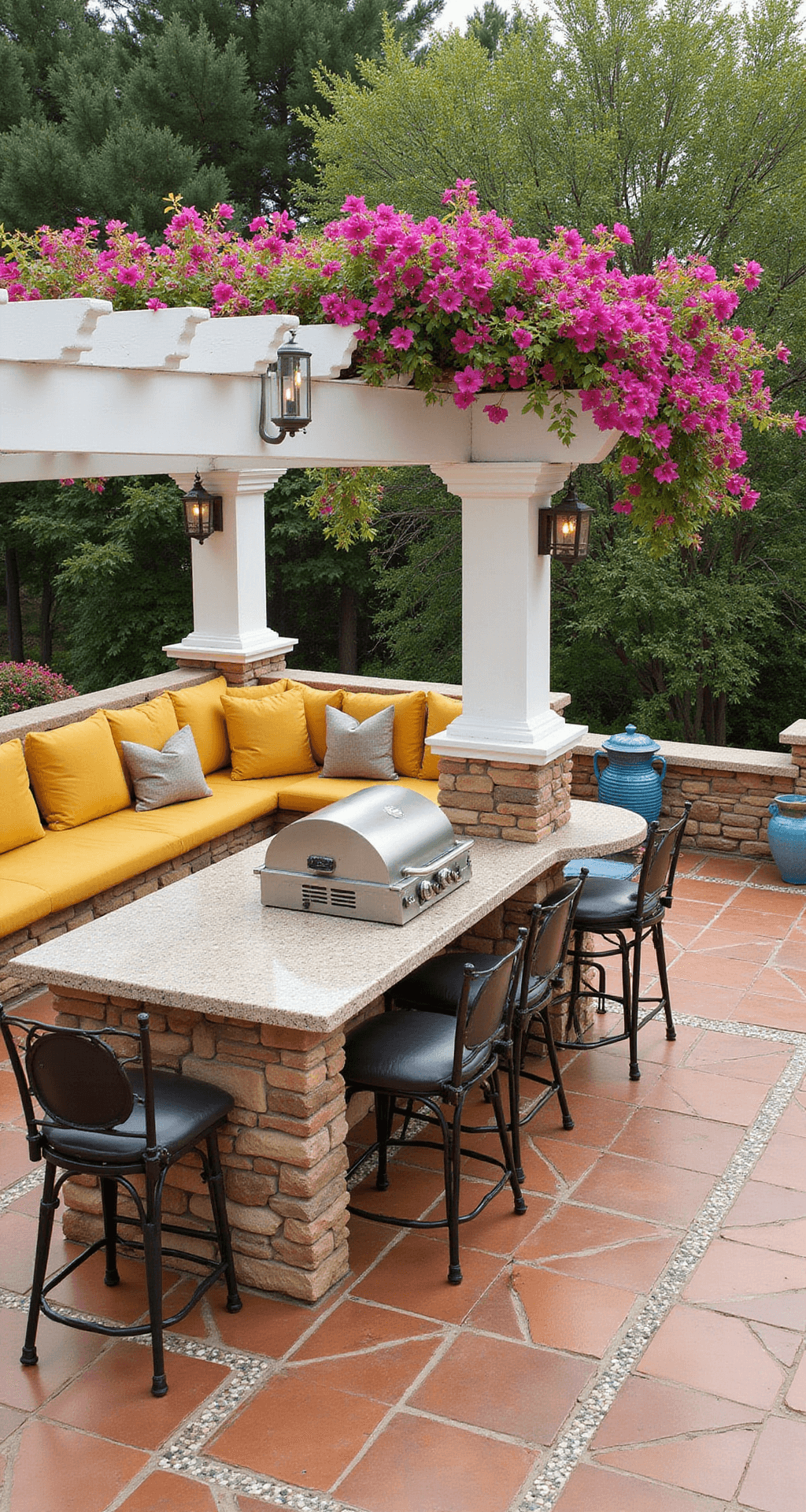 A high overhead shot of a Mediterranean BBQ terrace featuring a stone-clad grill island with a curved breakfast bar, terracotta tile flooring with mosaic inlay, and a built-in banquette adorned with bright citrus cushions, all under a whitewashed pergola draped in bougainvillea, accented by wrought iron and blue ceramics.