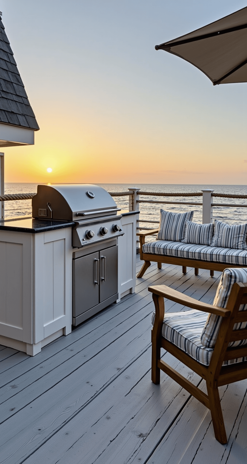 Coastal BBQ deck at sunset featuring a built-in grill station with navy quartz counters, weathered rope railings, teak furniture, and a retractable striped canvas awning, all framed by a scenic water view.