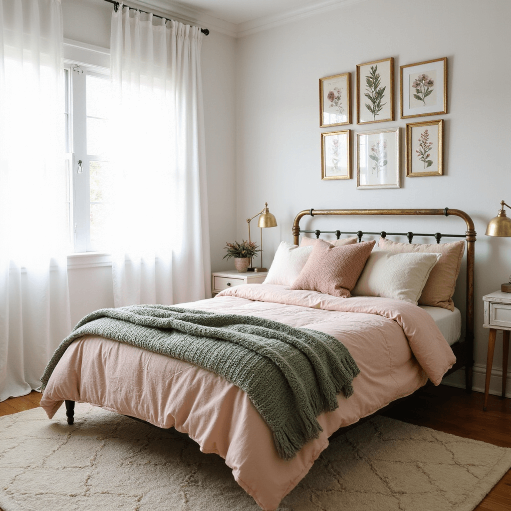 A bright and airy 12x14ft bedroom with a queen bed dressed in blush pink and sage green accents, featuring a gallery wall of framed art and hardwood floors with a cream area rug.