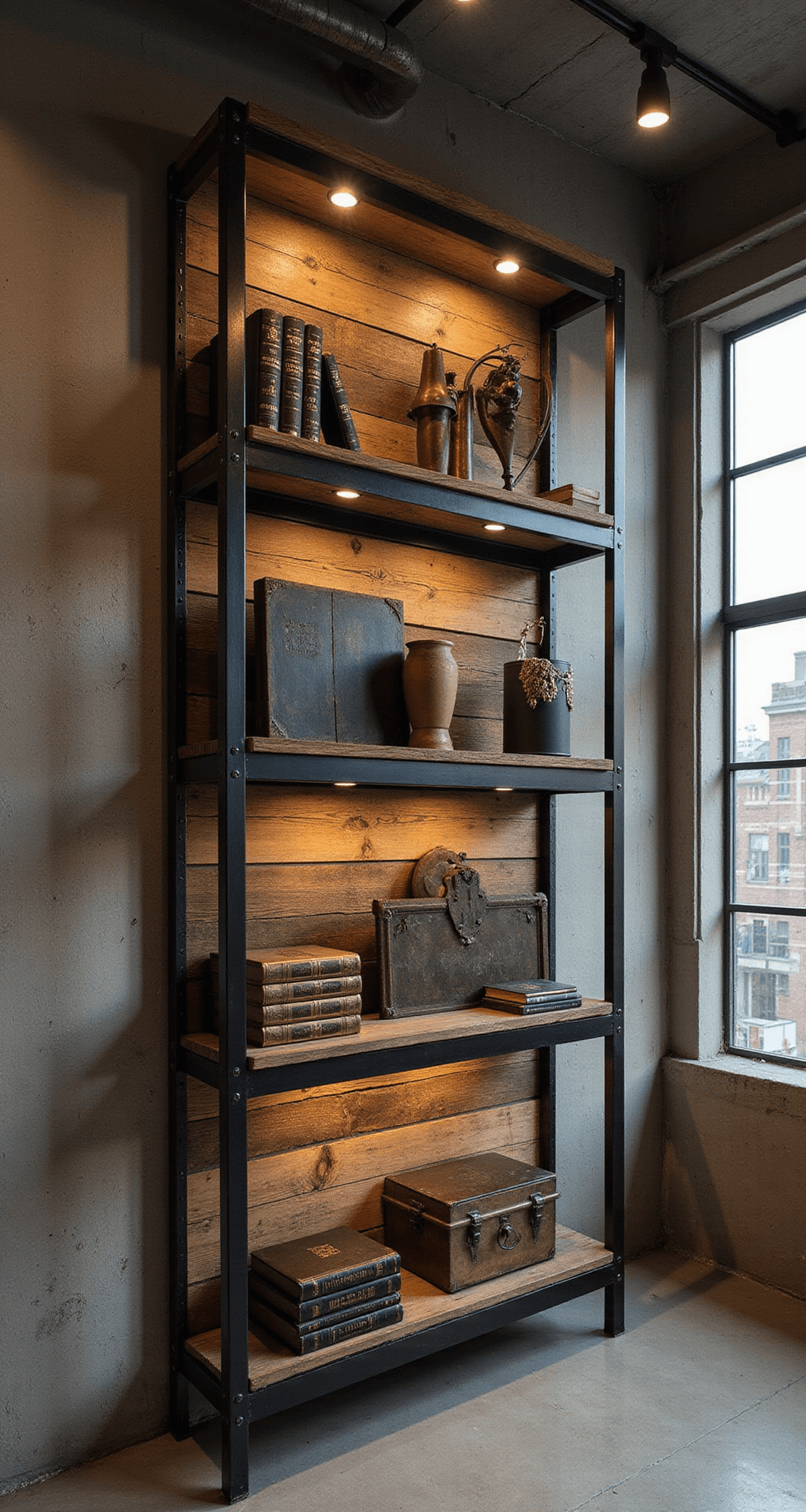 Industrial-style built-in bookcase with reclaimed wood shelves and black steel frame in a loft with 15ft ceilings, featuring vintage engineering books and metal artifacts, illuminated by Edison bulbs and dramatic overhead track lighting, with urban views through large warehouse windows at dusk.